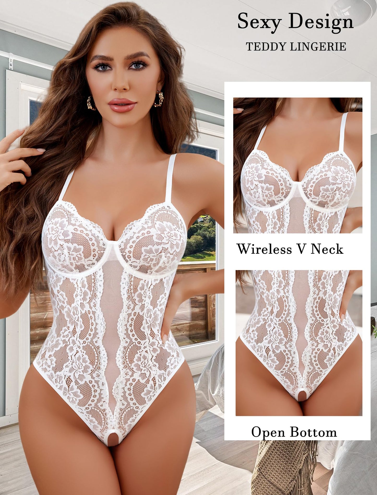 Avidlove Sexy Lingerie for Women Lace Teddy Bodysuit Deep V Cut Out Babydoll One Piece lingerie White Medium