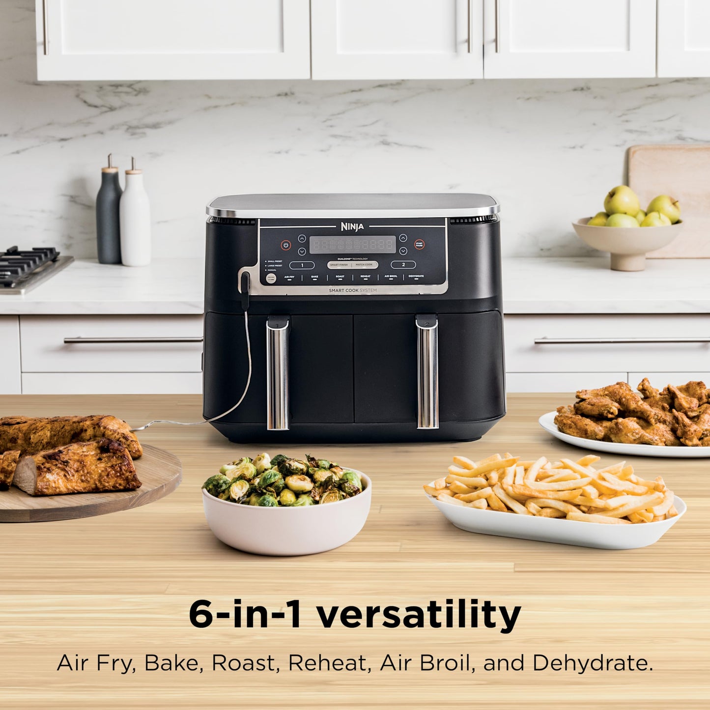 Ninja DZ550 Foodi 10 Quart 6-in-1 DualZone Smart XL Air Fryer with 2 Independent Baskets, Smart Cook Thermometer for Perfect Doneness, Match Cook & Smart Finish to Roast, Dehydrate & More, BLACK