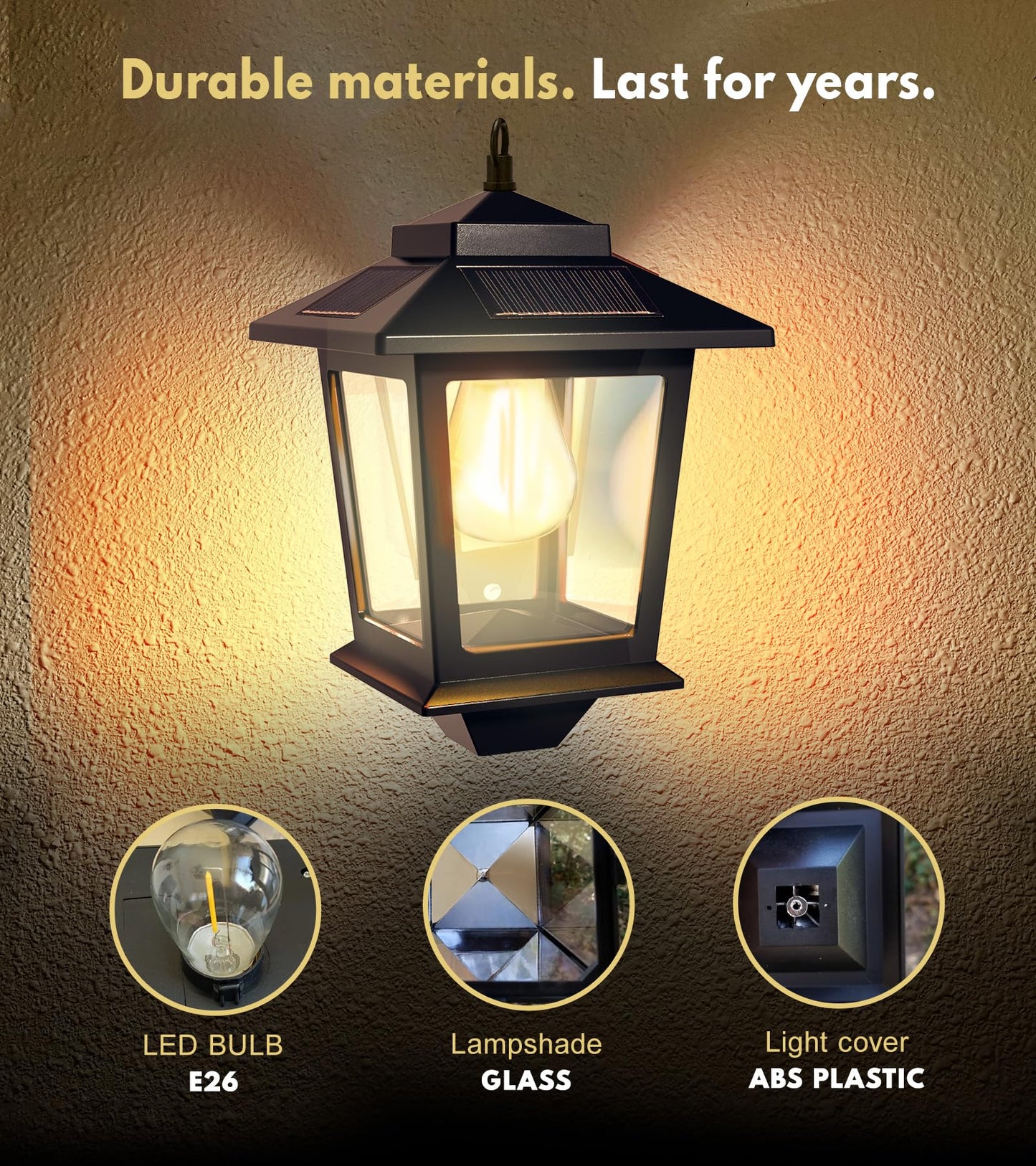 PASAMIC 2 Pack Solar Wall Lanterns,Outdoor Hanging Lights with 4 Solar Panels,Dusk to Dawn Led Outdoor Wall Sconce, Anti-Rust Waterproof Lanterns with Hooks,3000K Warm White