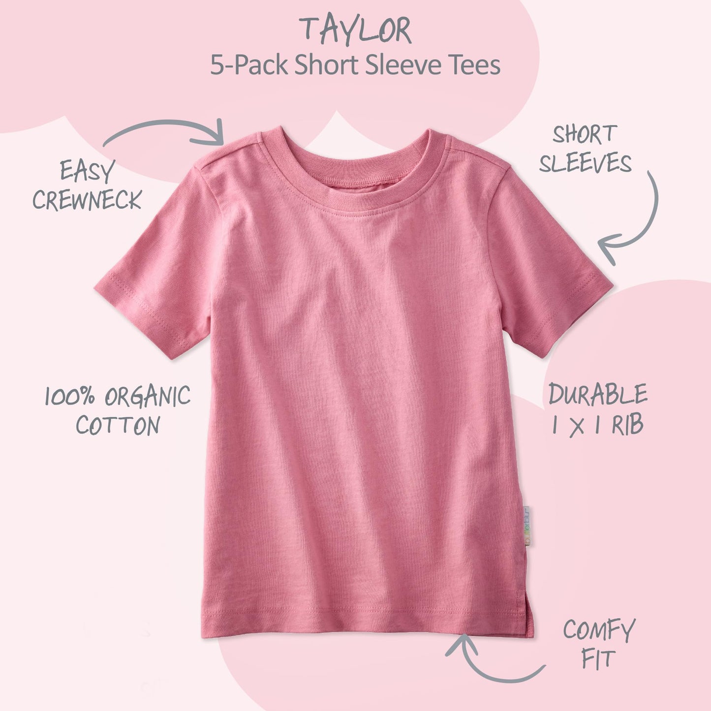 Butterblu Taylor 5-Pack Short Sleeve T-Shirts, 50% Organic Cotton Tees Pink