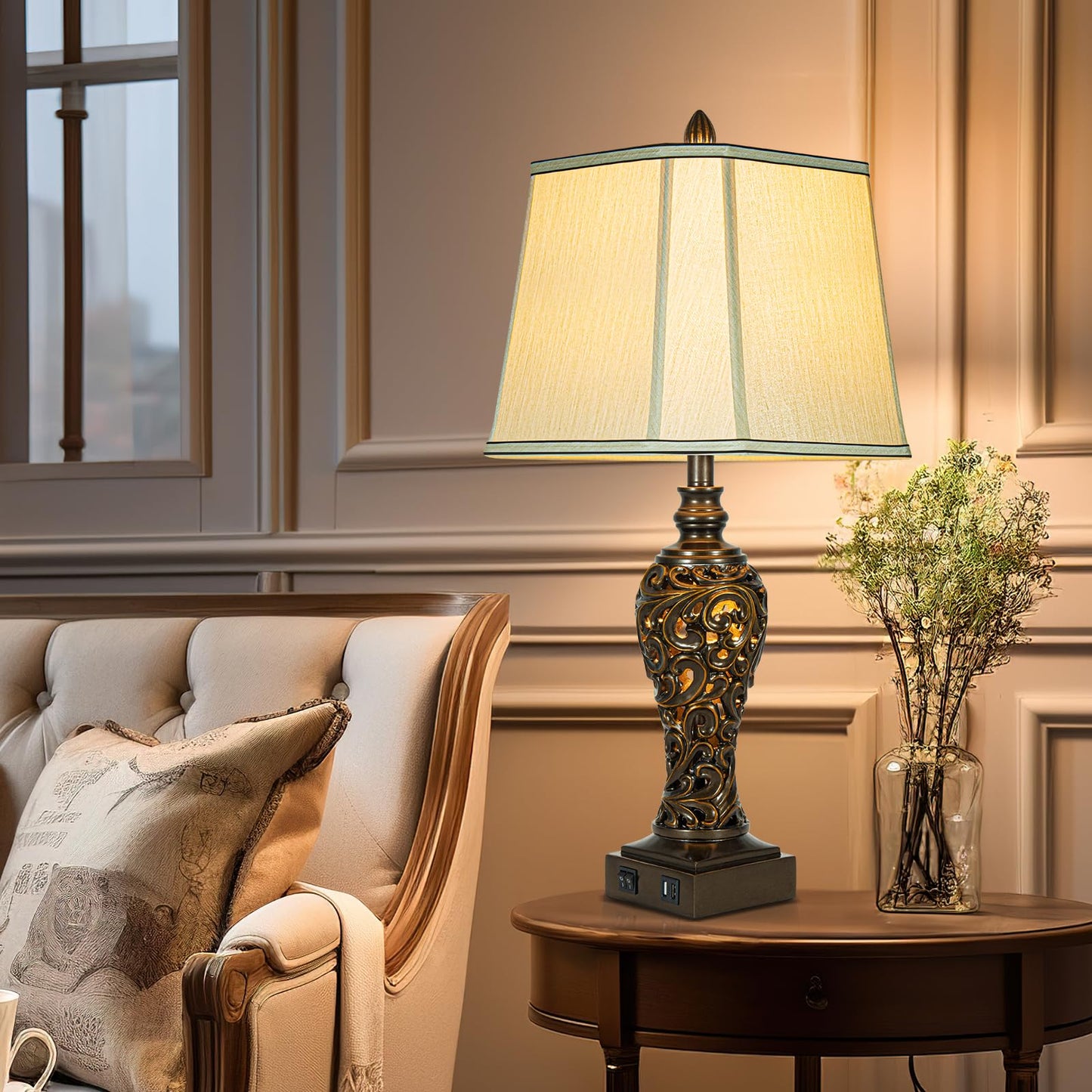 28.5" high Vintage Brown Table Lamps Set of 2 - Bedside Lamp with Faux Silk Shades - for Bedroom and Living Room with USB and Nightlight - Perfect for Nightstands and Bedrooms (Bulb Included)