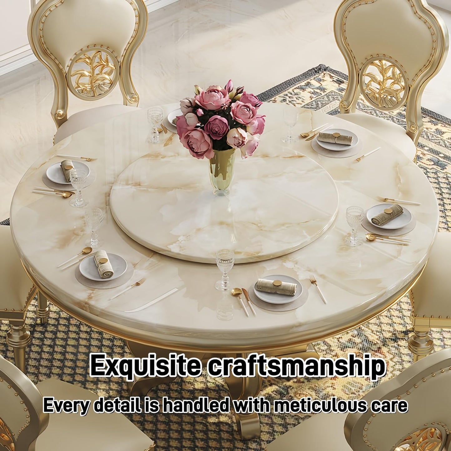 Edeyeu 51" Dining Table Set - Marble Style Solid Wood Kitchen Table and Chairs with Rotating Tray, Luxury Dining Room Set for 4 or 6, Easy Assembly Dining Furniture for Home & Family Use Four-Seater
