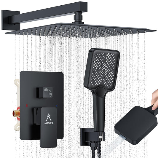 JQBQS Shower System Modern Rain Brass Faucet Set With Valve and Diverter Shower Mixer With Handheld High Pressure Square Rainfall Shower Valve (12'' Wall Mount, Matte Black)