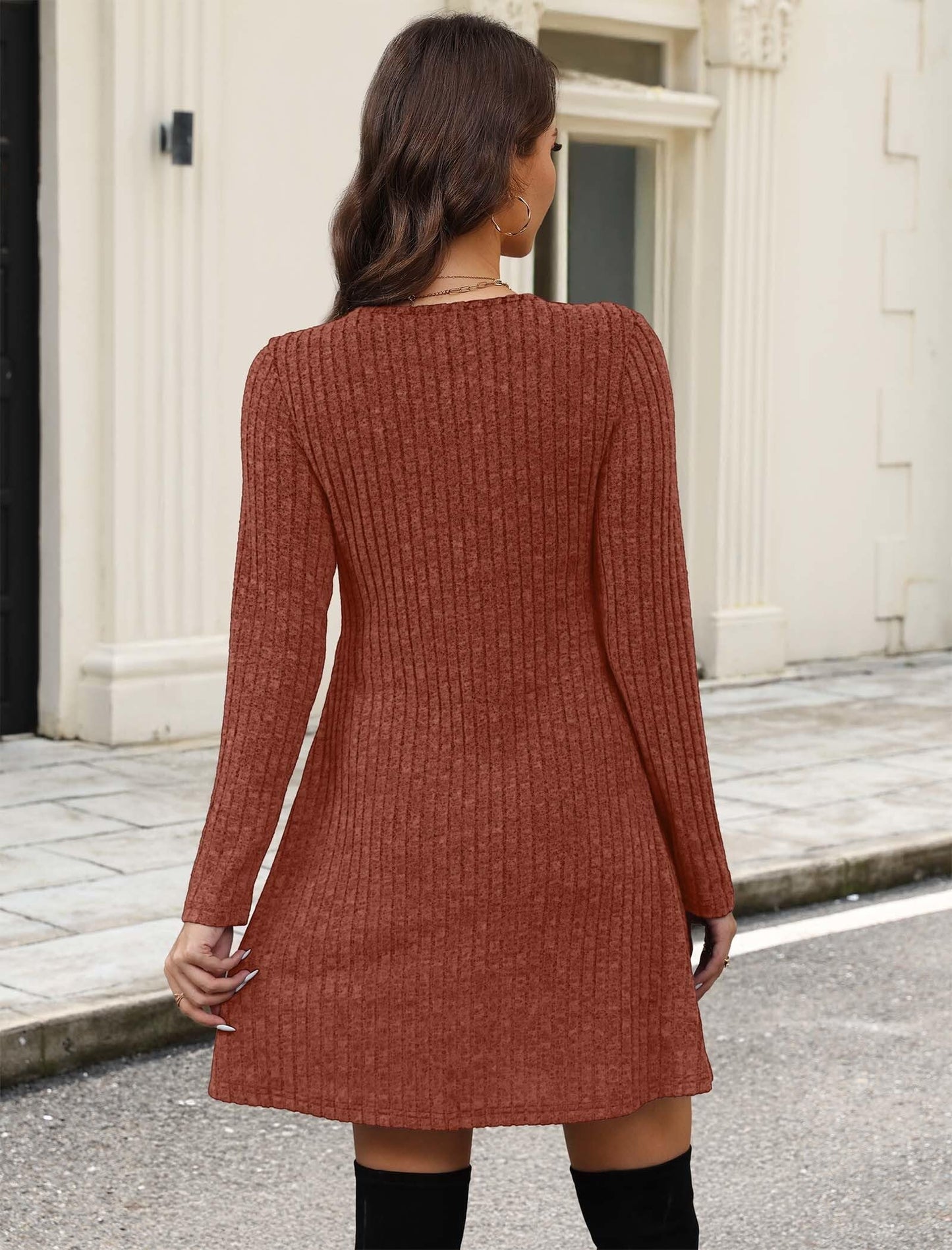 OFEEFAN Baby Doll Dresses Women V Neck Long Sleeve Homcoming Dress Winter Dresses for Women 2025 Cowboy Chic School Outfits Birthday Dress Caramel Brown L