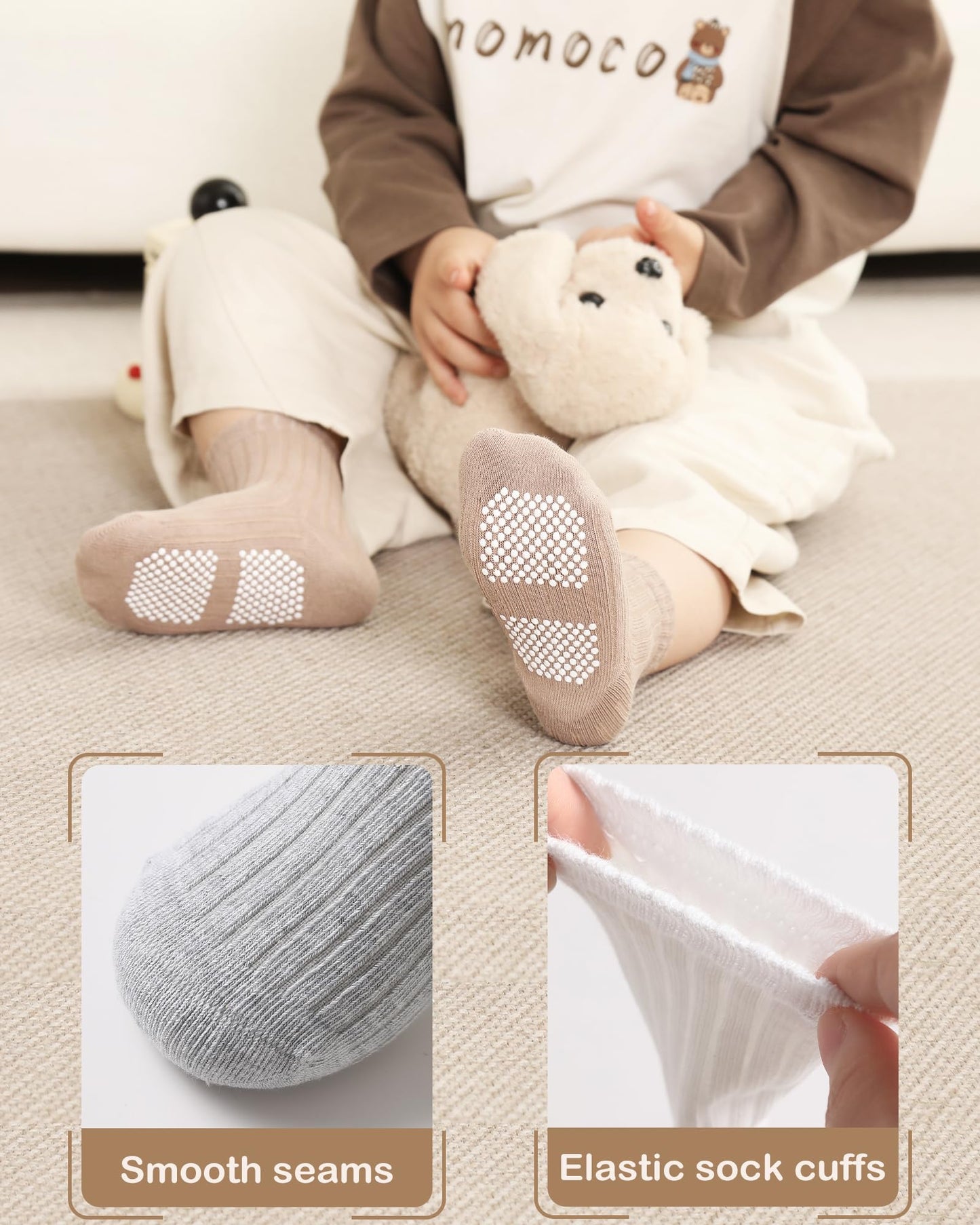 Baby Toddler Crew Socks, Non Slip Sole Combed Cotton for Boy Girl 9 Pairs