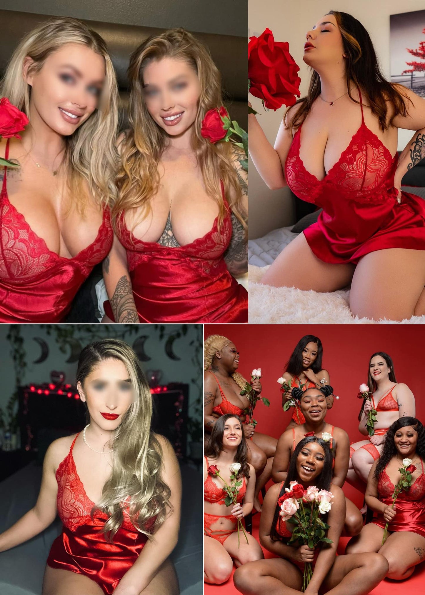 Avidlove Valentine's Day Lingerie for Women Nightgown Sleepwear Satin Pajamas Sexy Babydoll V Neck Teddy Strap Chemise M, Red