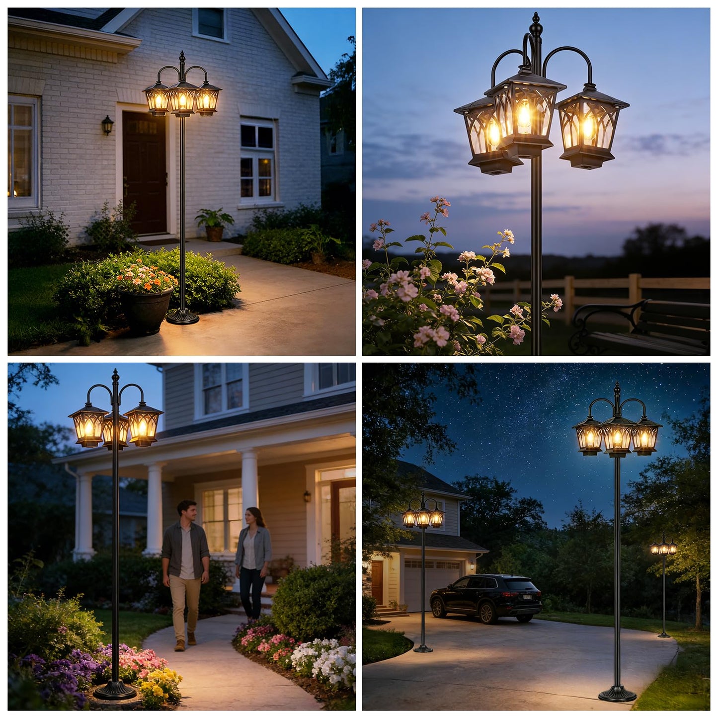 TOWPONICS 6FT Aluminum Solar Lamp Post Light Outdoor Waterproof, 3-Head Solar Powered Lamp Post, 90Lm 3 Edison Bulbs Included, Dusk to Dawn Outdoor Lamp for Patio, Yard, Garden, Driveway