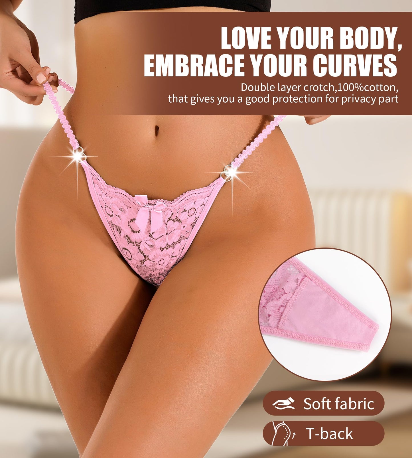 YIFVTFCK 4Pack Women G-String Thongs Sexy T-back Lace Underwear Cut Out Low Rise Floral Breathable Cheeky Panties Red L