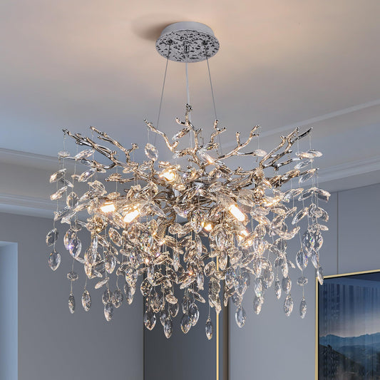 witkey Modern Tree Branch Crystal Chandelier Luxury Silver Crystal Pendant Lighting 23.6" Contemporary 8-Light Chandeliers for Dining Room Kitchen Bedroom Living Room