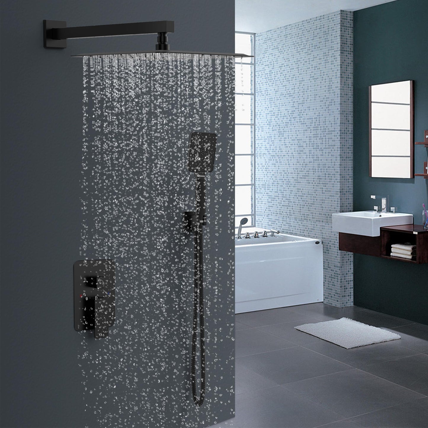 JQBQS Shower System Modern Rain Brass Faucet Set With Valve and Diverter Shower Mixer With Handheld High Pressure Square Rainfall Shower Valve (12'' Wall Mount, Matte Black)