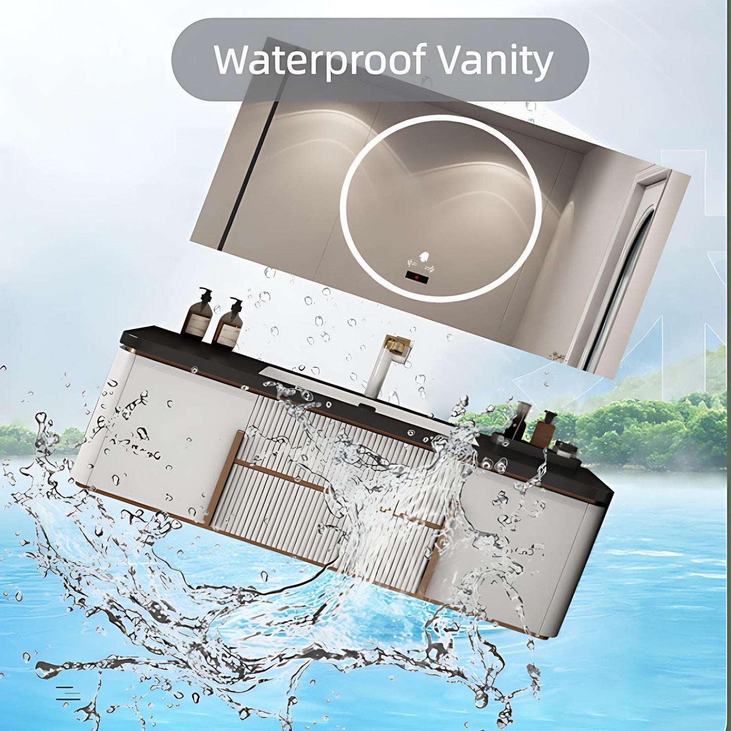 Elegant Bathroom Vanity Set, Double Basins, LED Fog Mirror, Patterned Wooden Cabinet with Rock Slab Countertop and Easy Installation,Bathroom Vanities (B Mirror Style, 64'')