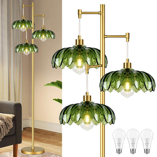 Gold Floor Lamps for Living Room Vintage Floor Lamp with Glass Lmapshape & Three Led Bulb,Green Floor Lamp Brass Mid Century Modern Standing Lamp Tall Tree Flower Floor Lamps for Bedroom,Office,Corner