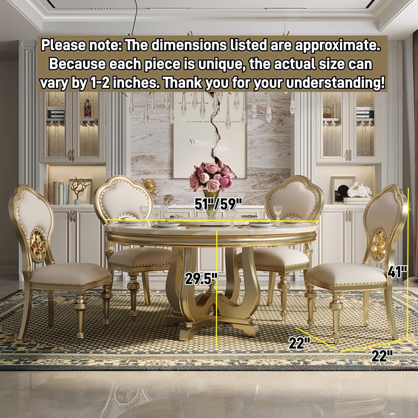 Edeyeu 51" Dining Table Set - Marble Style Solid Wood Kitchen Table and Chairs with Rotating Tray, Luxury Dining Room Set for 4 or 6, Easy Assembly Dining Furniture for Home & Family Use Four-Seater