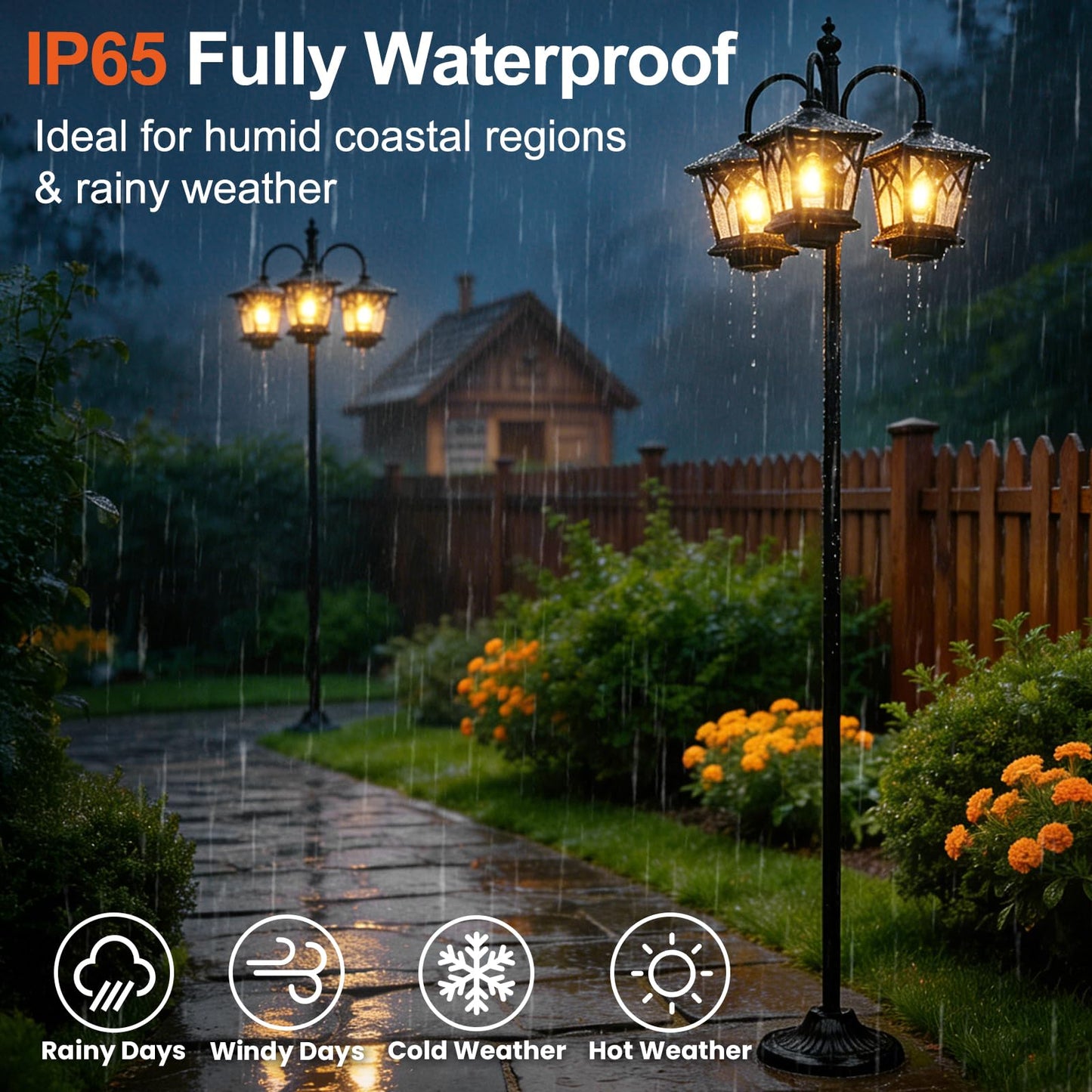 TOWPONICS 6FT Aluminum Solar Lamp Post Light Outdoor Waterproof, 3-Head Solar Powered Lamp Post, 90Lm 3 Edison Bulbs Included, Dusk to Dawn Outdoor Lamp for Patio, Yard, Garden, Driveway