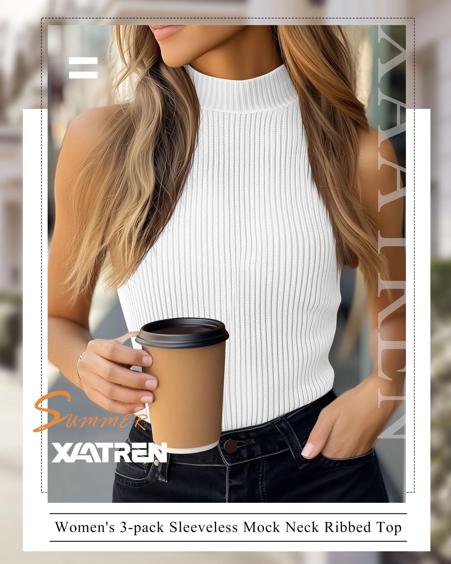 Xaatren 3 Pack Women's Sleeveless Mock Turtlenecks Shirts, Ribbed Stretch Slim Fitted Tank Top Basic Lightweight Bustier Tee(White, Black, Brown,XX-Large)