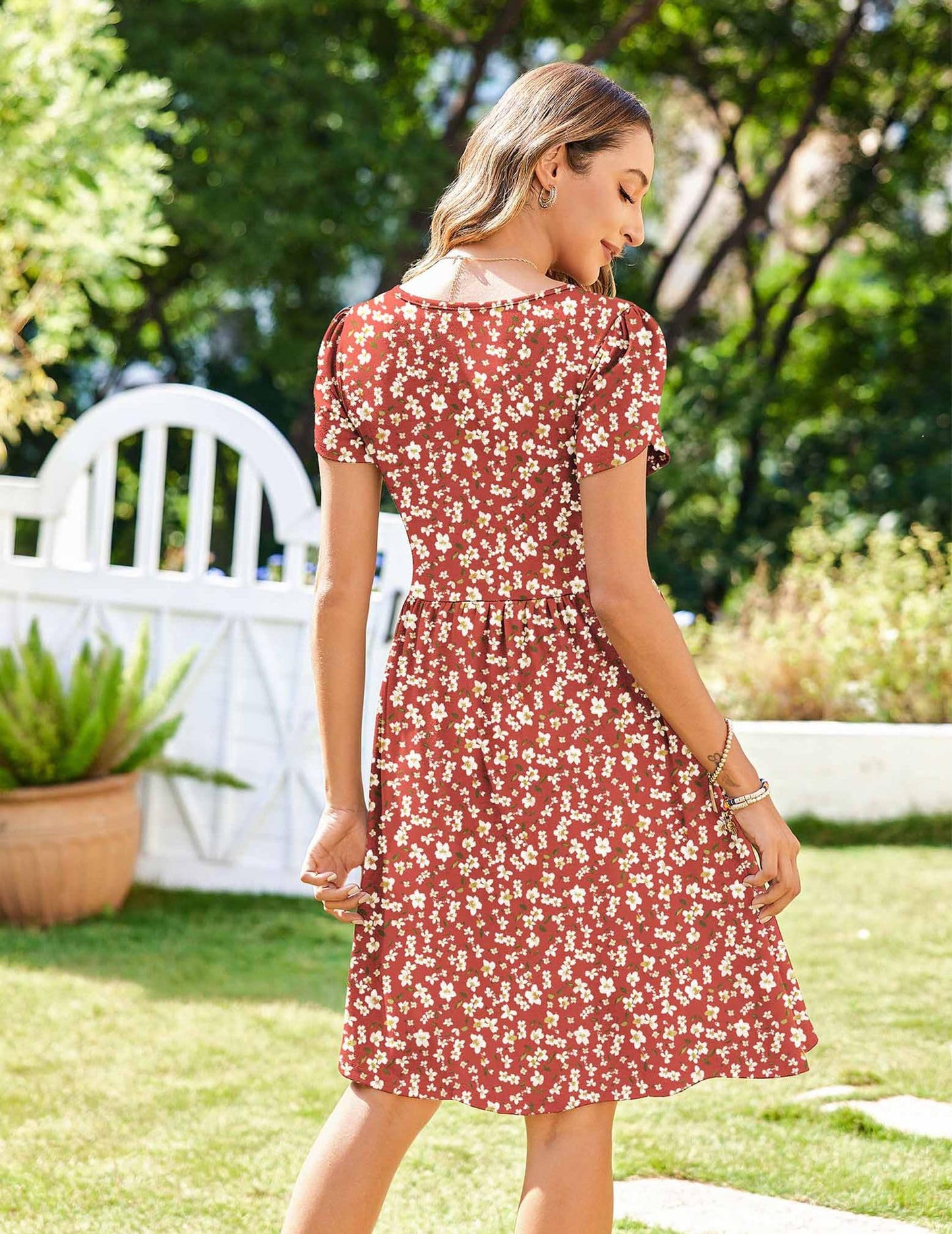 Zeagoo Summer Dress for Women 2026 Mini Short Sleeve A Line Babydoll Button Down Flowy Swing Dress Red Floral L