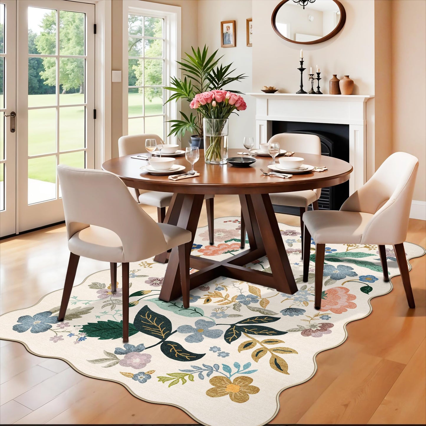 5x7 Living Room Area Rugs: Washable Floral Non-Slip Rug for Bedroom Dining Room Ultra Soft Carpet for Nursery Kitchen Home Office Farmhouse Thin Floor Mat for Teen Girls and Boys Dorms(5x7,Cream)