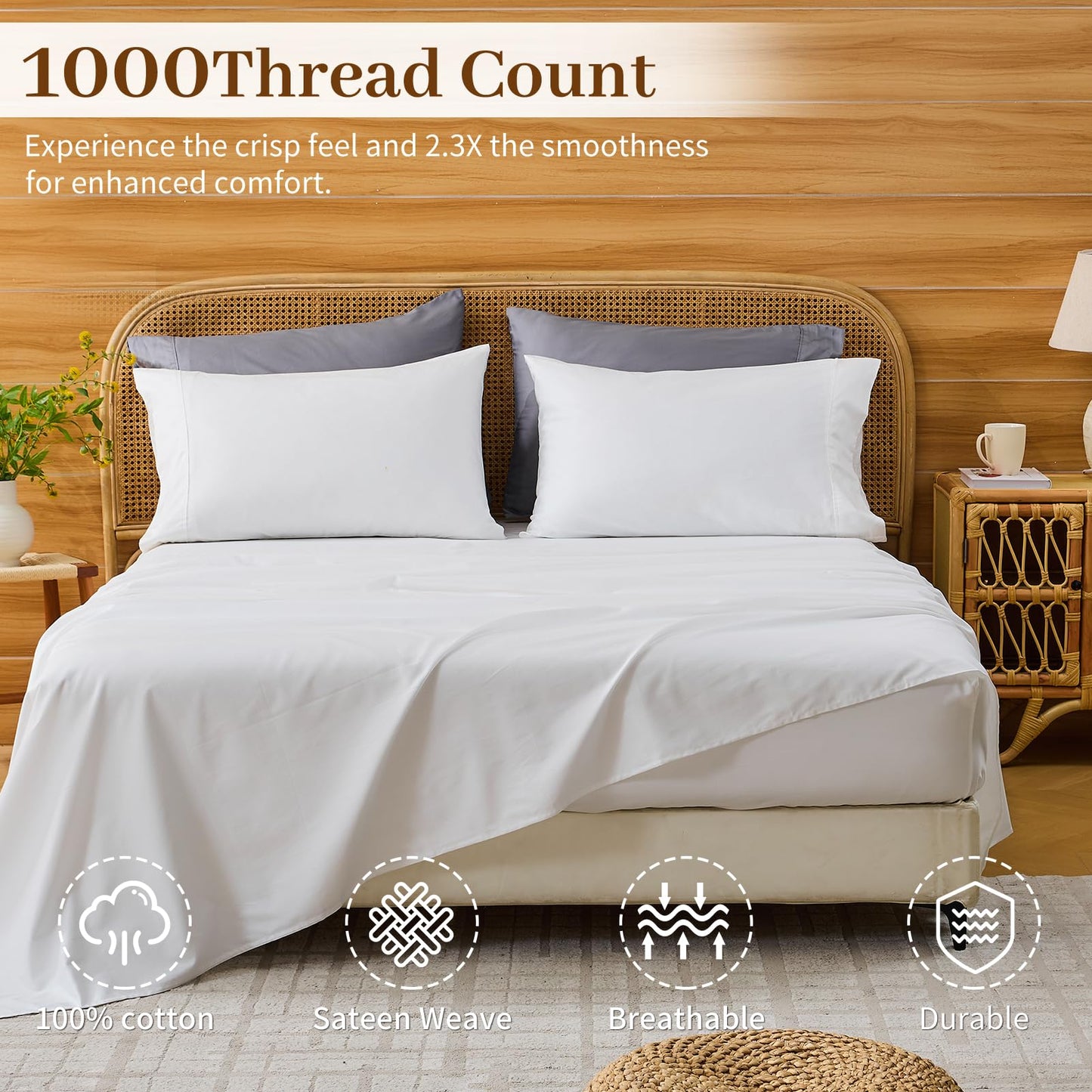 Bedlifes Egyptian Cotton Sheets 1000 Thread Count Queen Size, 4-Piece 16" Deep Pocket - Cooling & Breathable Ultra Soft Bedding for Hotel Comfort (White)