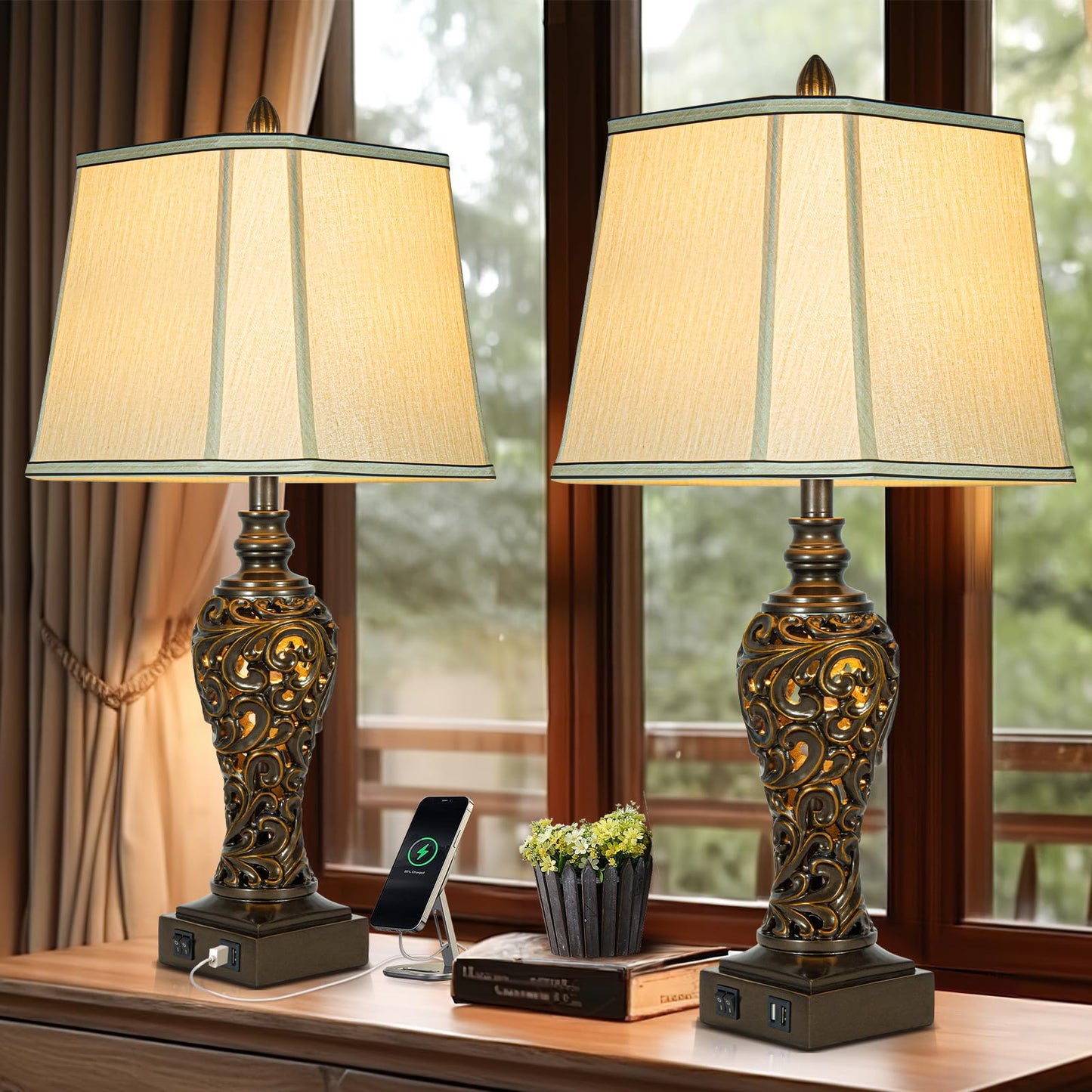 28.5" high Vintage Brown Table Lamps Set of 2 - Bedside Lamp with Faux Silk Shades - for Bedroom and Living Room with USB and Nightlight - Perfect for Nightstands and Bedrooms (Bulb Included)