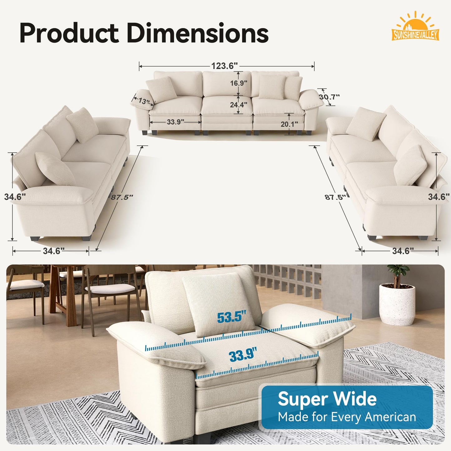 SUNSHINE VALLEY 3 Piece Living Room Sofa Furniture Set, Chenille Modular 2 Loveseat and 3-Seat Couch with Wider Armrest and Pillow, 7-Seat Modern Sectional Cloud Deep Seat for Apartment, Beige