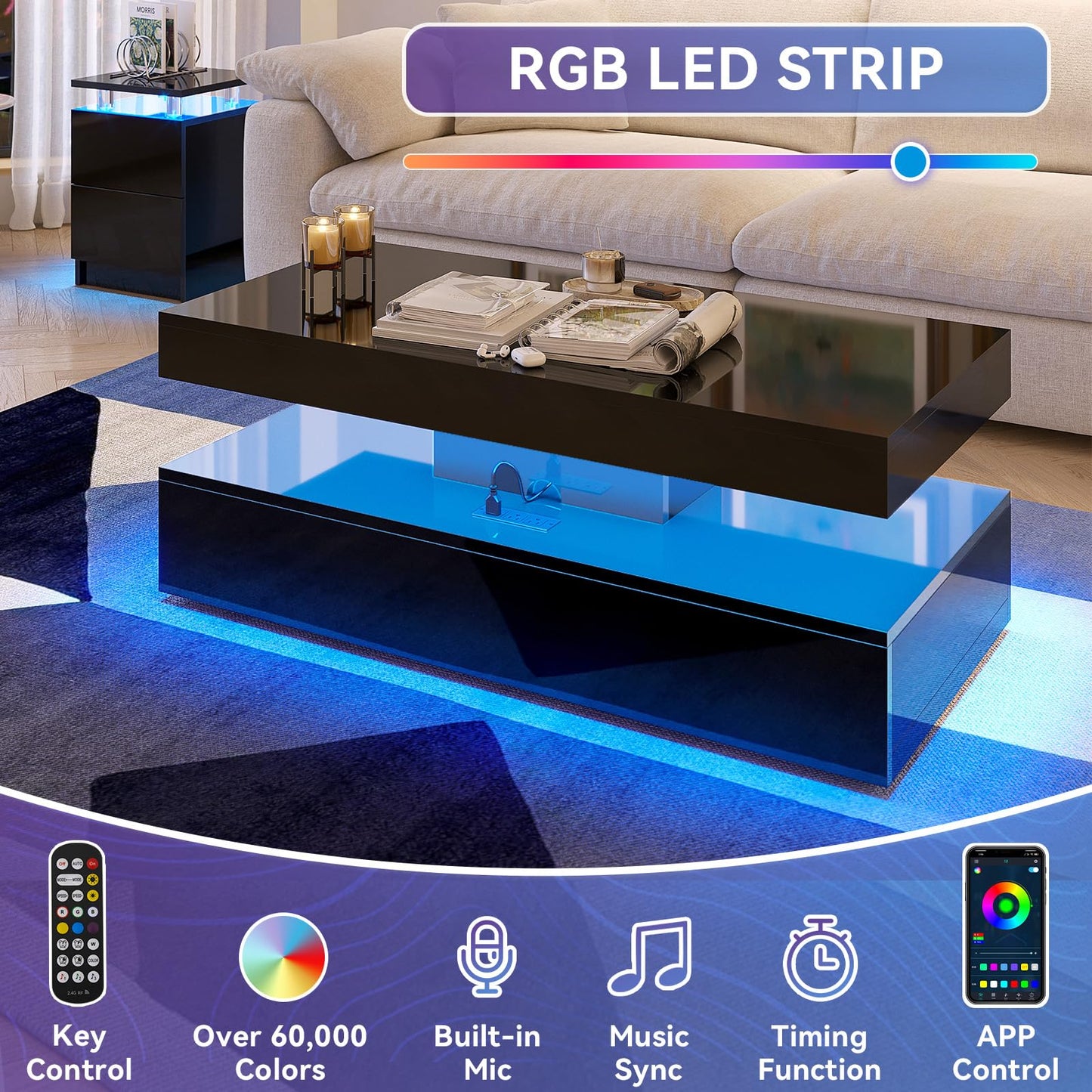 Nordivale 3-Piece Modern Living Room Table Set, Includes LED Coffee Table and End Tables Set of 2 with Storage Drawers, Black