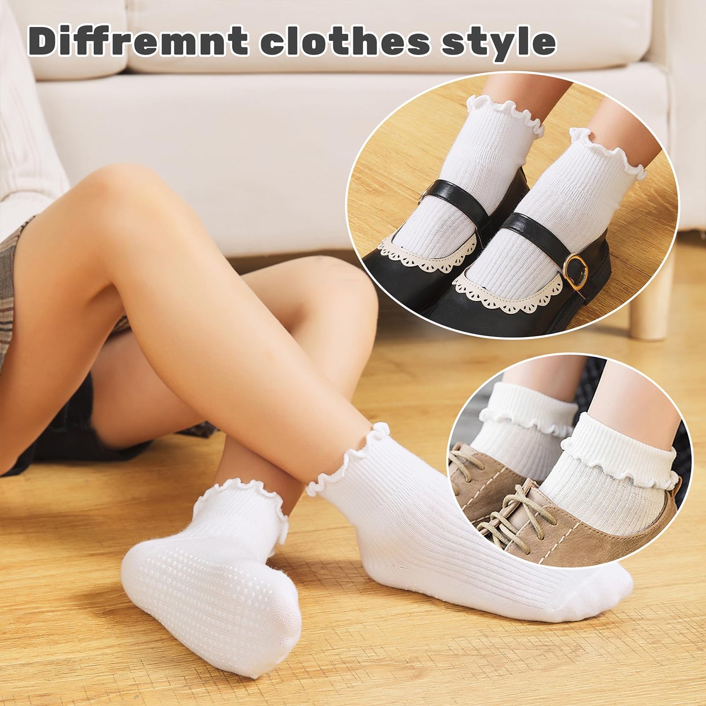 ANYANIME Toddler Socks Ruffle for Girls Baby Grip Socks Non Slip Cute Frill