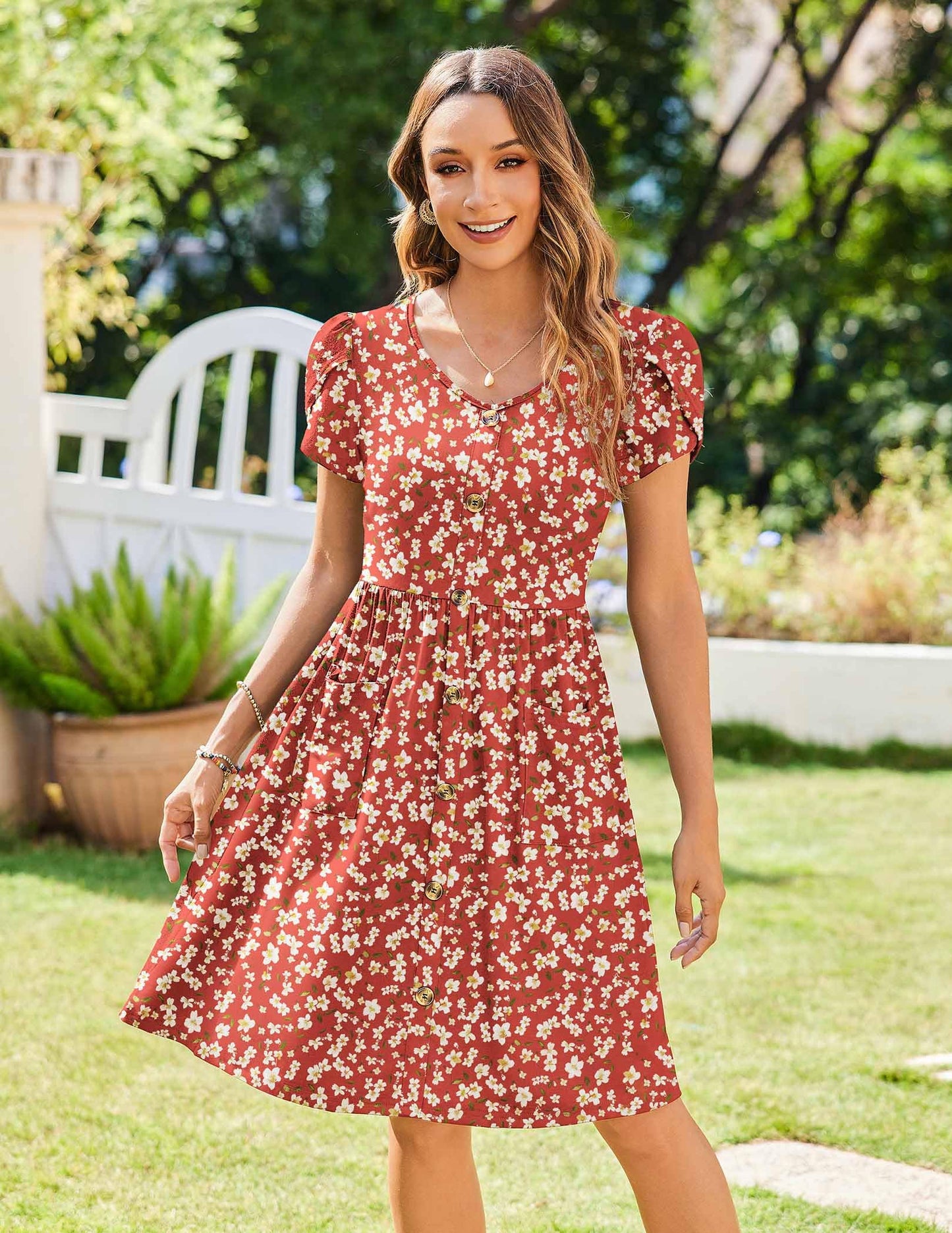 Zeagoo Summer Dress for Women 2026 Mini Short Sleeve A Line Babydoll Button Down Flowy Swing Dress Red Floral L