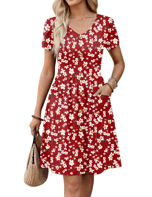 Zeagoo Summer Dress for Women 2026 Mini Short Sleeve A Line Babydoll Button Down Flowy Swing Dress Red Floral L