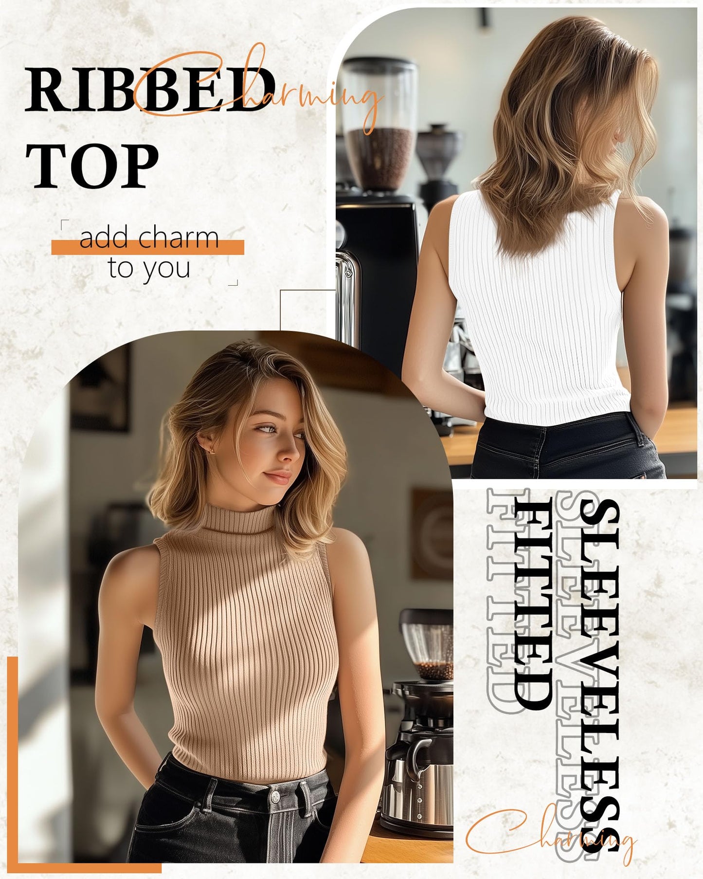 Xaatren 3 Pack Women's Sleeveless Mock Turtlenecks Shirts, Ribbed Stretch Slim Fitted Tank Top Basic Lightweight Bustier Tee(White, Black, Brown,XX-Large)