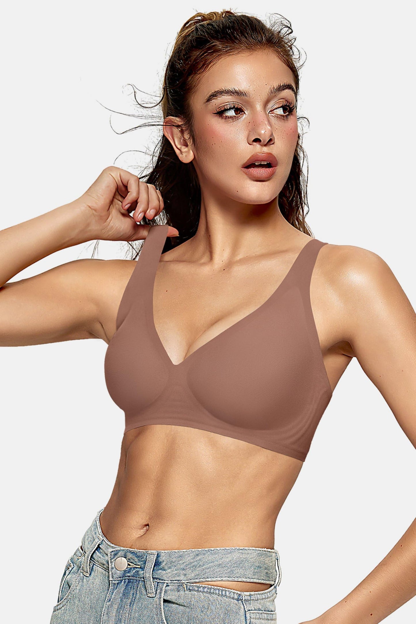 OEAK Womens Deep V Bras Wireless Comfortable Bra Supportive No Underwire Bras Tshirt Push Up Bralettes Plunge Seamless Bra Coffee XXL