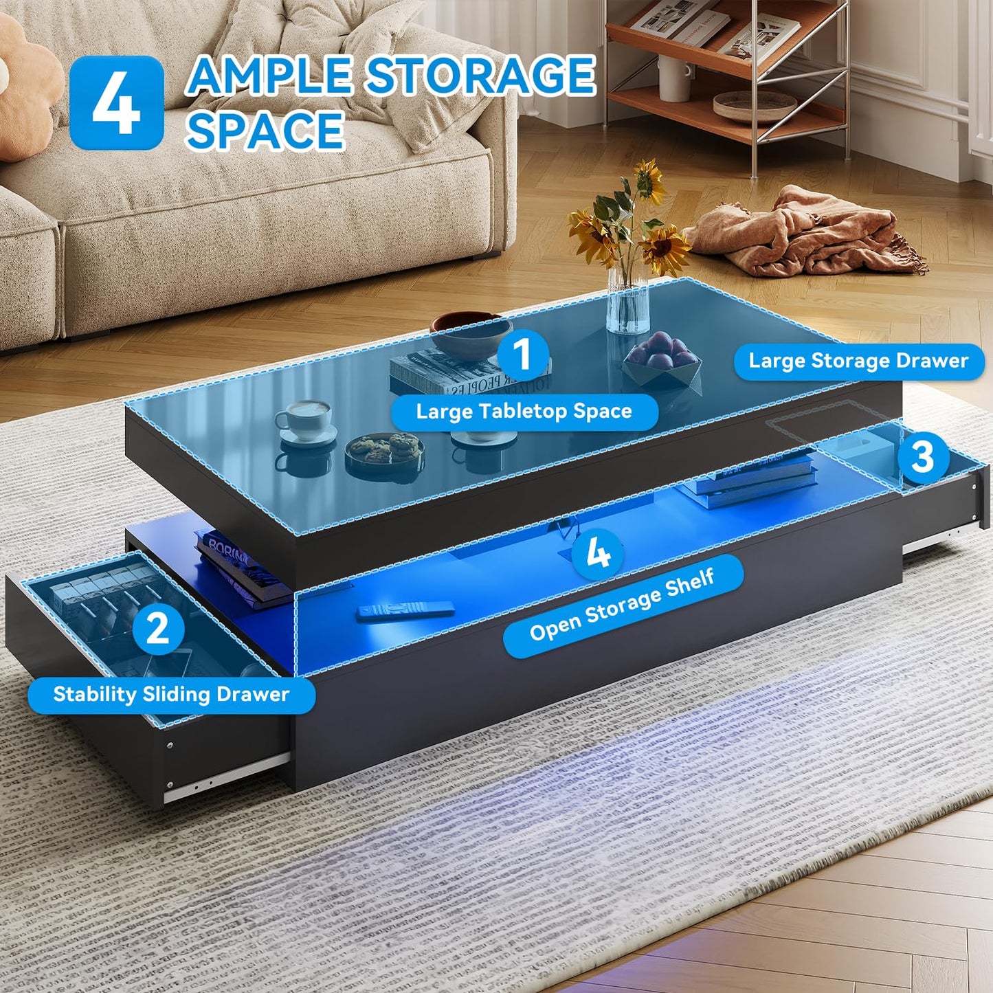 Nordivale 3-Piece Modern Living Room Table Set, Includes LED Coffee Table and End Tables Set of 2 with Storage Drawers, Black