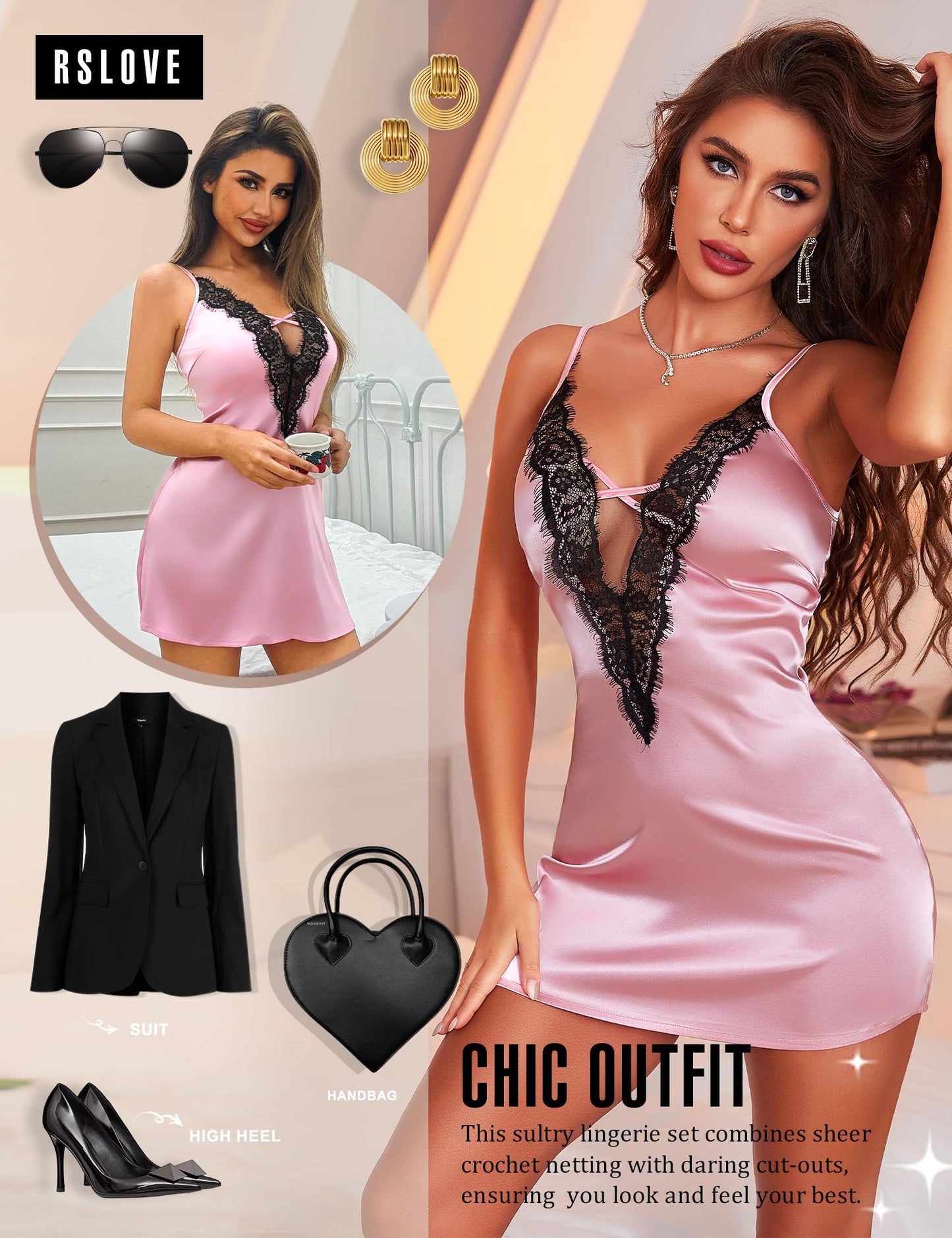 RSLOVE Women's Lingerie Sexy Nightgown - Satin Lace Babydoll Deep V Chemise Full Slips Nightie Sleepwear Pink M