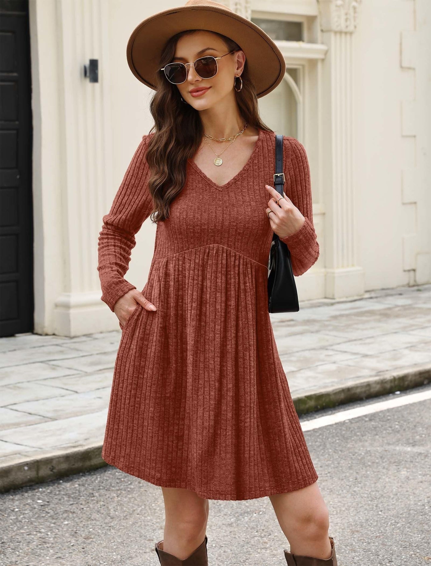 OFEEFAN Baby Doll Dresses Women V Neck Long Sleeve Homcoming Dress Winter Dresses for Women 2025 Cowboy Chic School Outfits Birthday Dress Caramel Brown L
