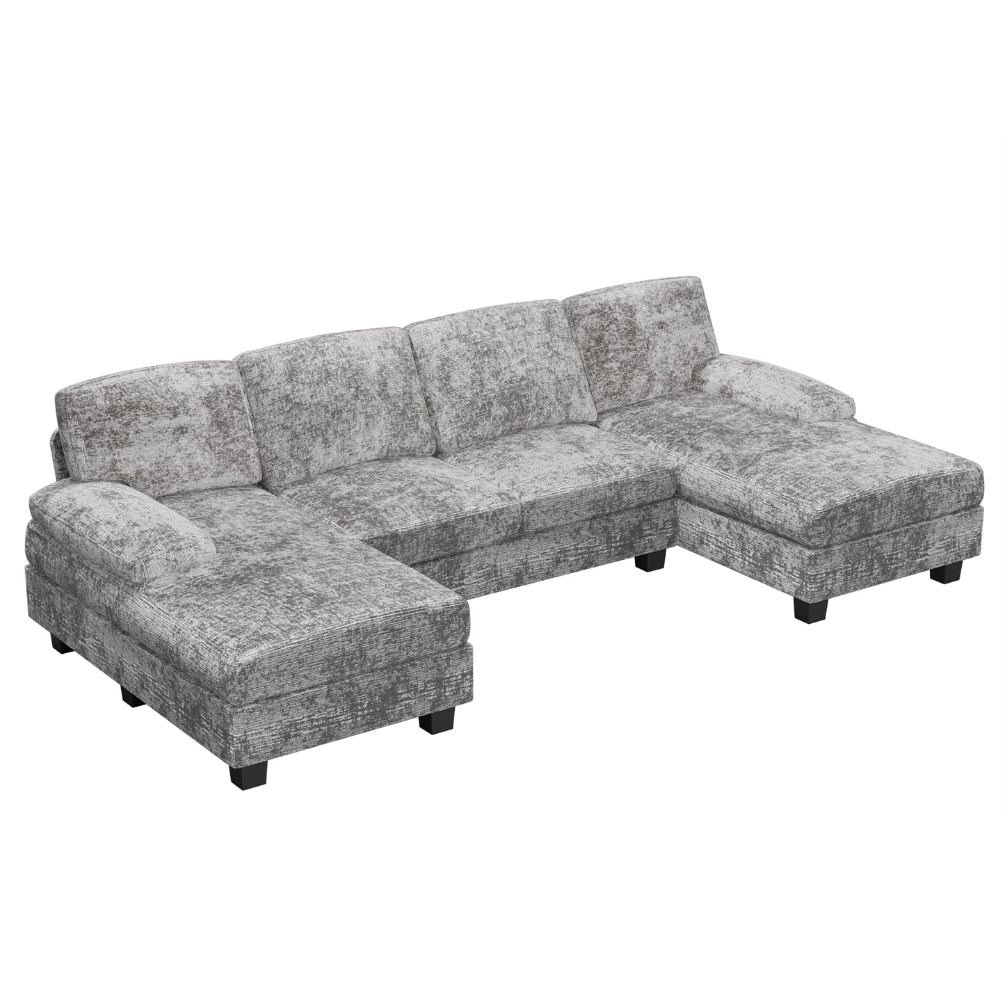 Furniwell Convertible Sectional Sofa Couch, 4 Seat Sofa Set for Living Room U-Shaped Modern Fabric Modular Sofa Sleeper with Double Chaise & Memory Foam (Fabric, Grey)
