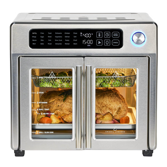 Emeril Lagasse Extra Large French Door Air Fryer Toaster Oven Combo, 24 Cooking Functions and Digital Controls, 7 Accessories Included, Stainless Steel Finish, 26QT Capacity