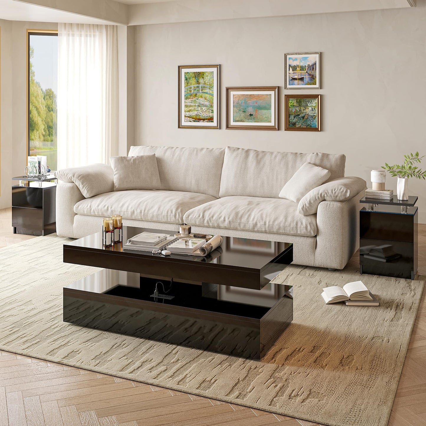Nordivale 3-Piece Modern Living Room Table Set, Includes LED Coffee Table and End Tables Set of 2 with Storage Drawers, Black