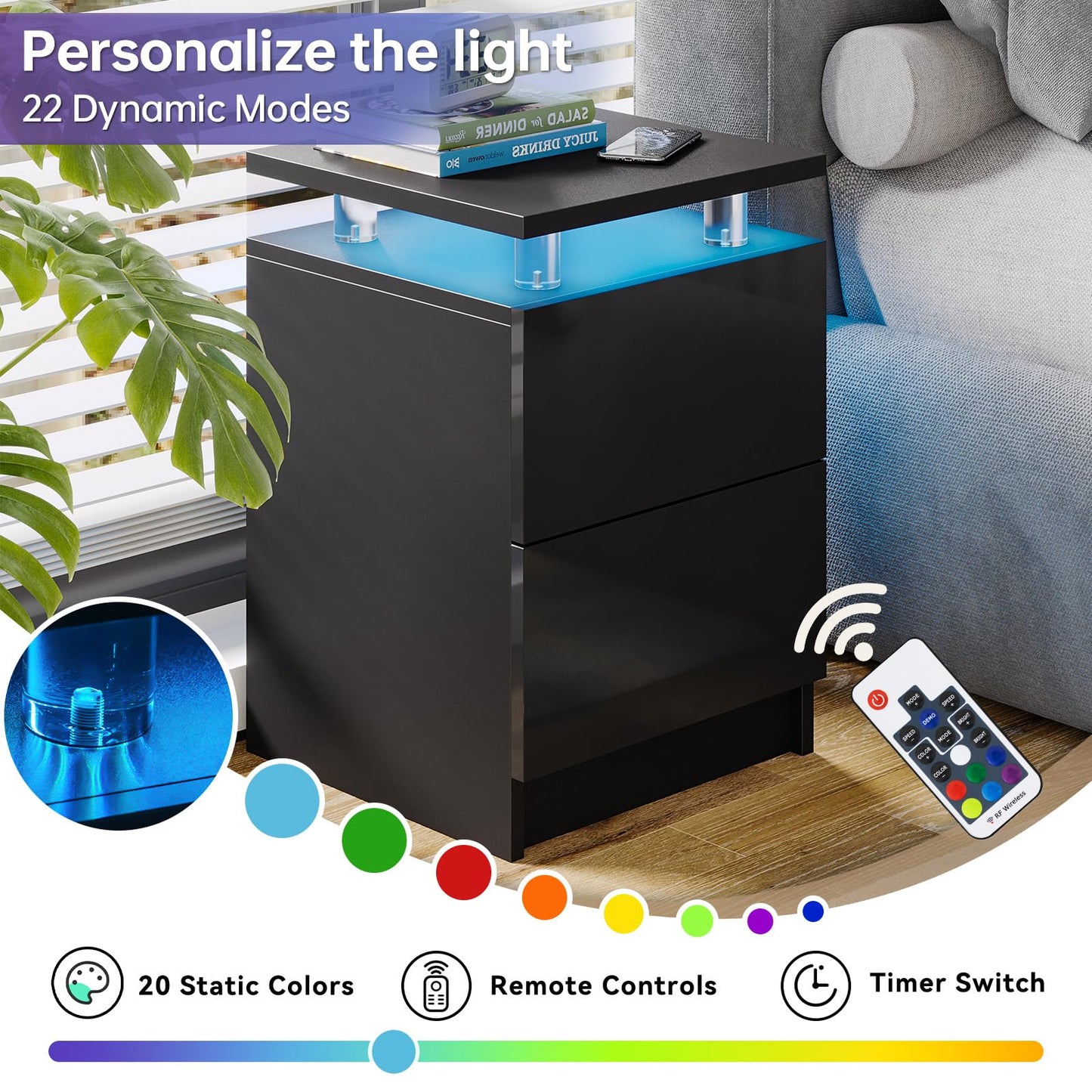 Nordivale 3-Piece Modern Living Room Table Set, Includes LED Coffee Table and End Tables Set of 2 with Storage Drawers, Black