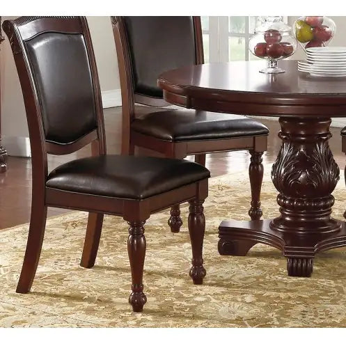 Gorgeous Set of 2 Side Chairs - Brown Rubberwood Faux Leather Upholstered Dining Chairs for Formal Dining Room