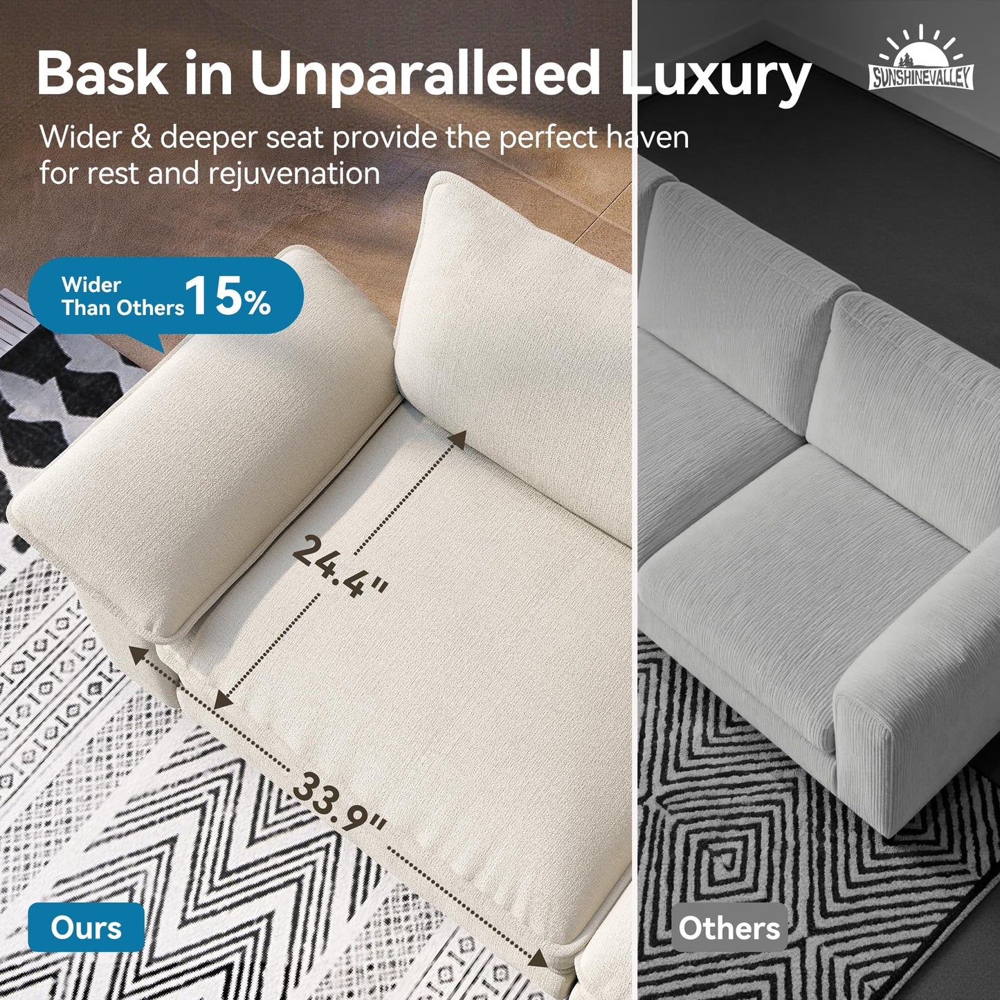 SUNSHINE VALLEY 3 Piece Living Room Sofa Furniture Set, Chenille Modular 2 Loveseat and 3-Seat Couch with Wider Armrest and Pillow, 7-Seat Modern Sectional Cloud Deep Seat for Apartment, Beige