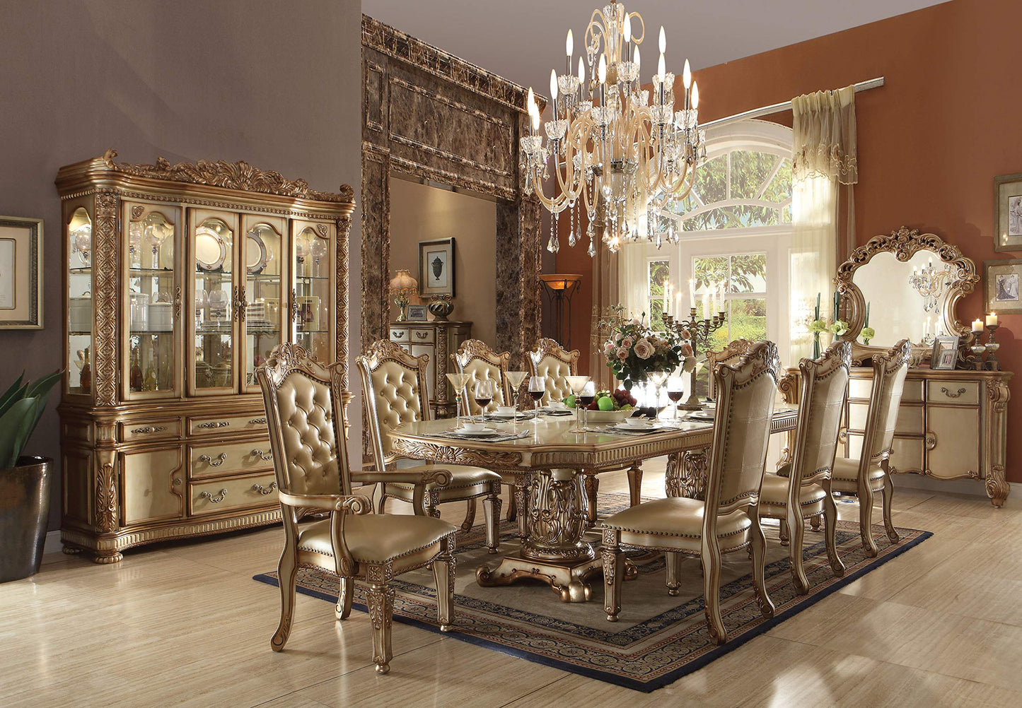 Kitchen Furniture Set 9pc Formal Dining Table Set Include 1 Dining Table, 6 Side Chairs and 2 Arm Chairs, 8-Person Solid Wood Extendable Dining Set (Gold Patina)