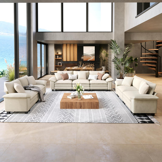 SUNSHINE VALLEY 3 Piece Living Room Sofa Furniture Set, Chenille Modular 2 Loveseat and 3-Seat Couch with Wider Armrest and Pillow, 7-Seat Modern Sectional Cloud Deep Seat for Apartment, Beige