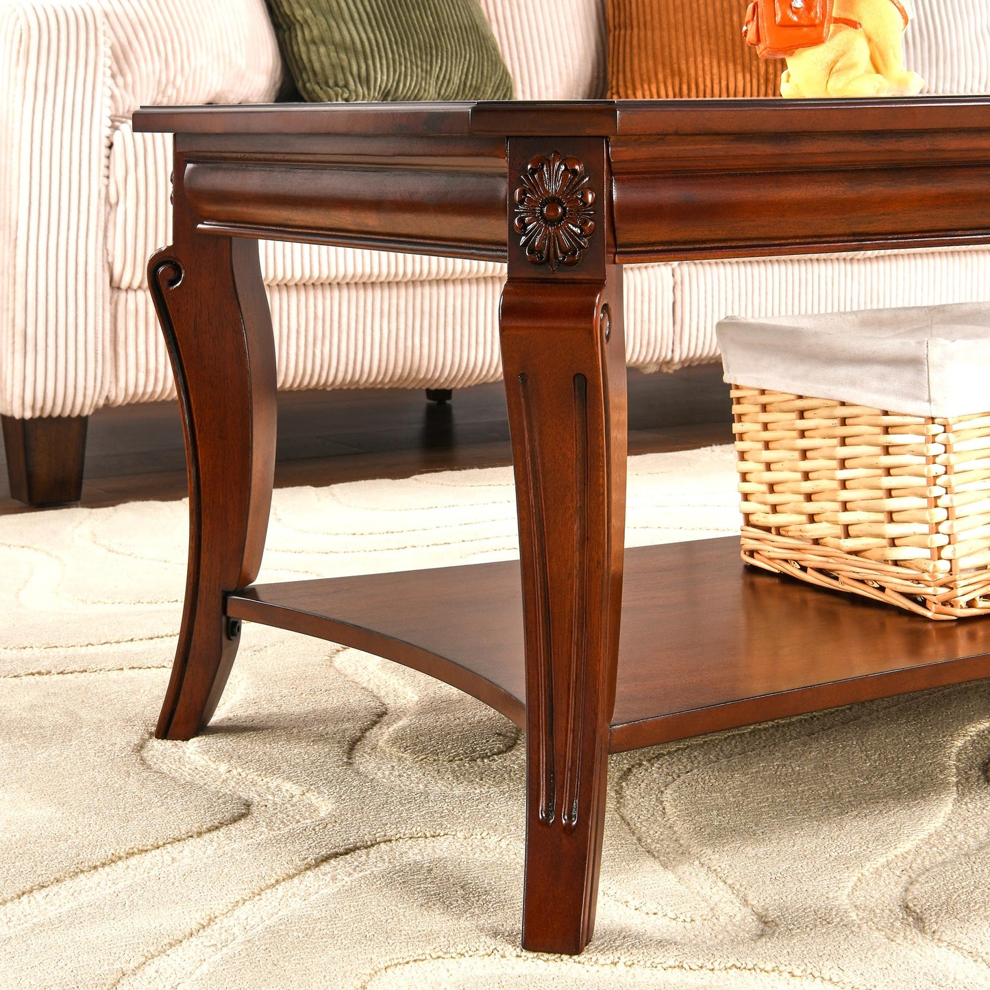 Living Room Tables Set of 3- One Coffee Table and Two End Table with Tempered Glass Top, Mid-Century Sofa Beside Table and Center Table with Carved Legs, Easy Assembly Cherry Brown KFZ-CJZ-A1168-GT