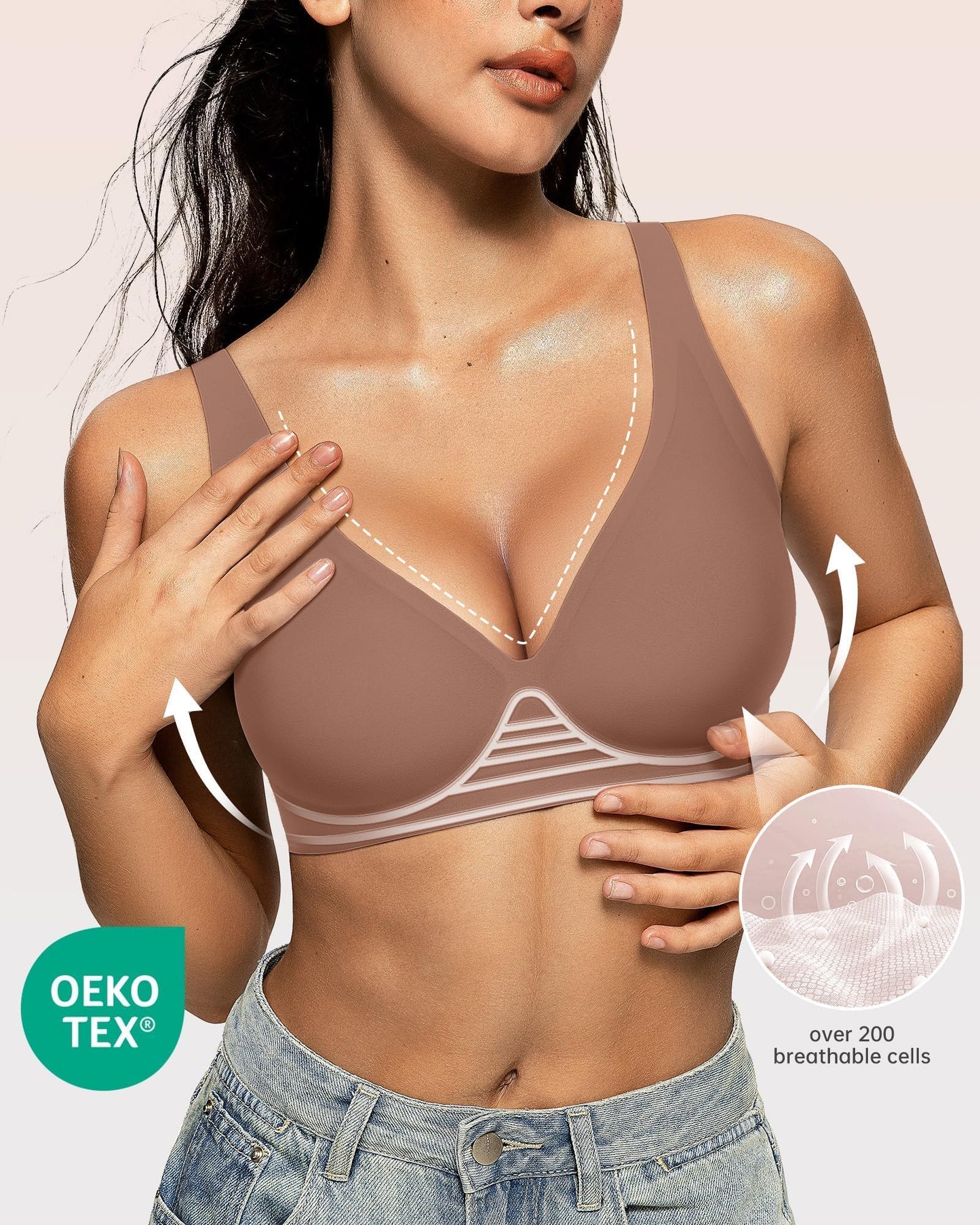 OEAK Womens Deep V Bras Wireless Comfortable Bra Supportive No Underwire Bras Tshirt Push Up Bralettes Plunge Seamless Bra Coffee XXL