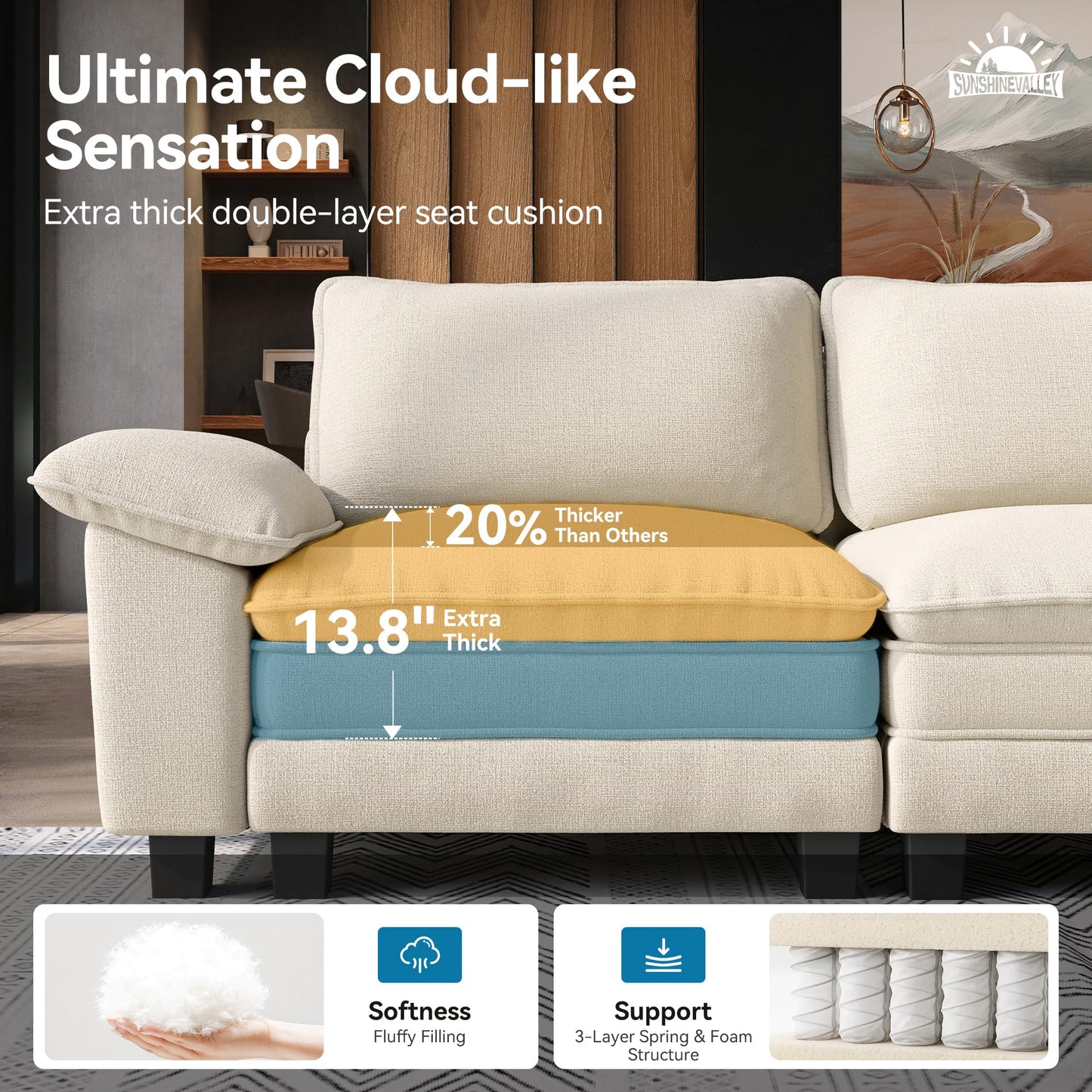 SUNSHINE VALLEY 3 Piece Living Room Sofa Furniture Set, Chenille Modular 2 Loveseat and 3-Seat Couch with Wider Armrest and Pillow, 7-Seat Modern Sectional Cloud Deep Seat for Apartment, Beige