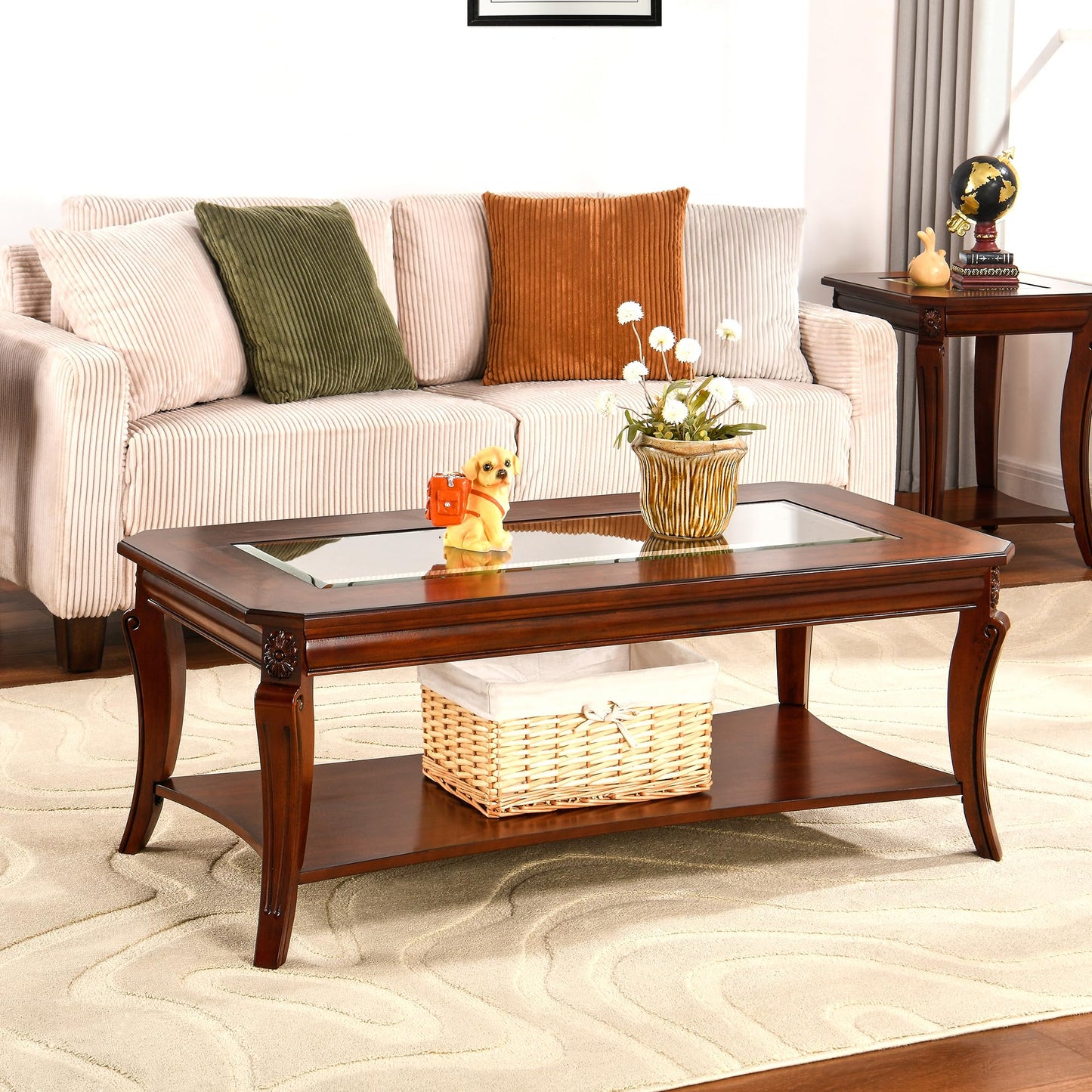 Living Room Tables Set of 3- One Coffee Table and Two End Table with Tempered Glass Top, Mid-Century Sofa Beside Table and Center Table with Carved Legs, Easy Assembly Cherry Brown KFZ-CJZ-A1168-GT