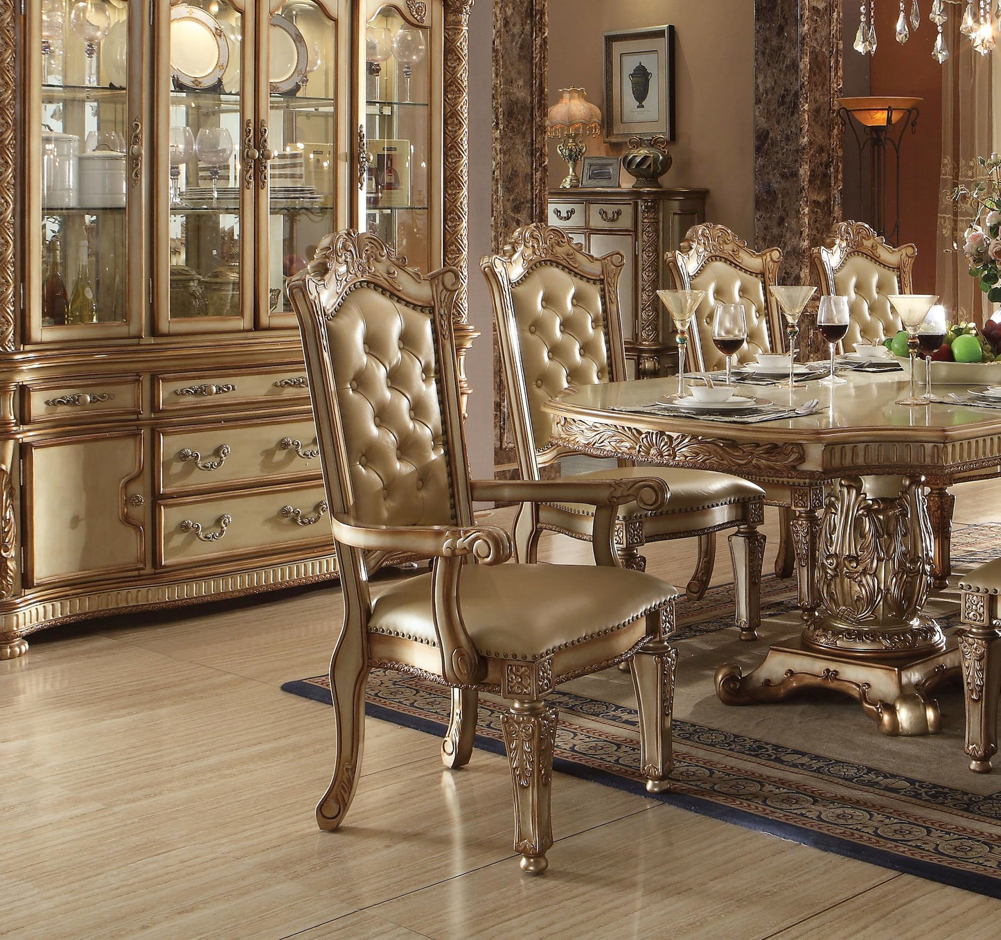 Kitchen Furniture Set 9pc Formal Dining Table Set Include 1 Dining Table, 6 Side Chairs and 2 Arm Chairs, 8-Person Solid Wood Extendable Dining Set (Gold Patina)