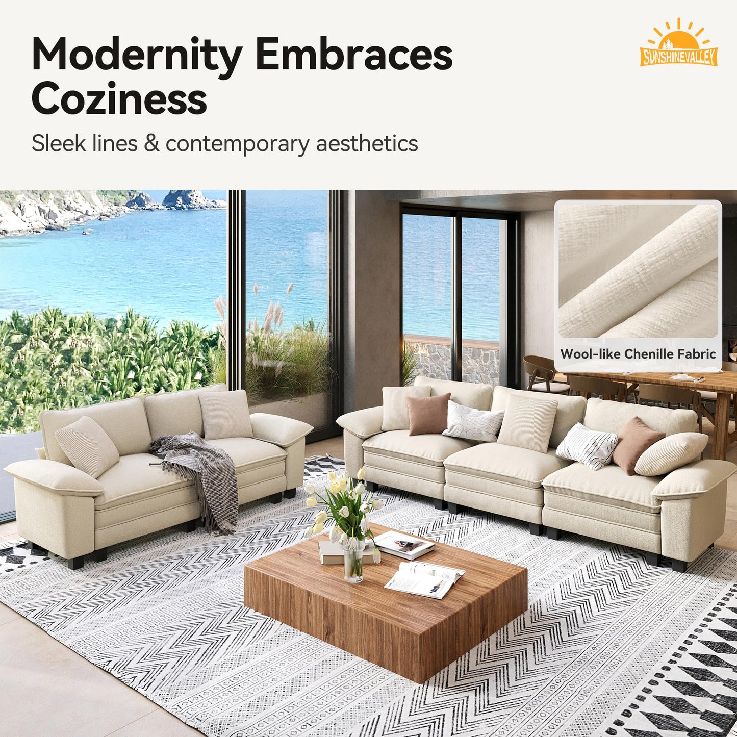 SUNSHINE VALLEY 3 Piece Living Room Sofa Furniture Set, Chenille Modular 2 Loveseat and 3-Seat Couch with Wider Armrest and Pillow, 7-Seat Modern Sectional Cloud Deep Seat for Apartment, Beige