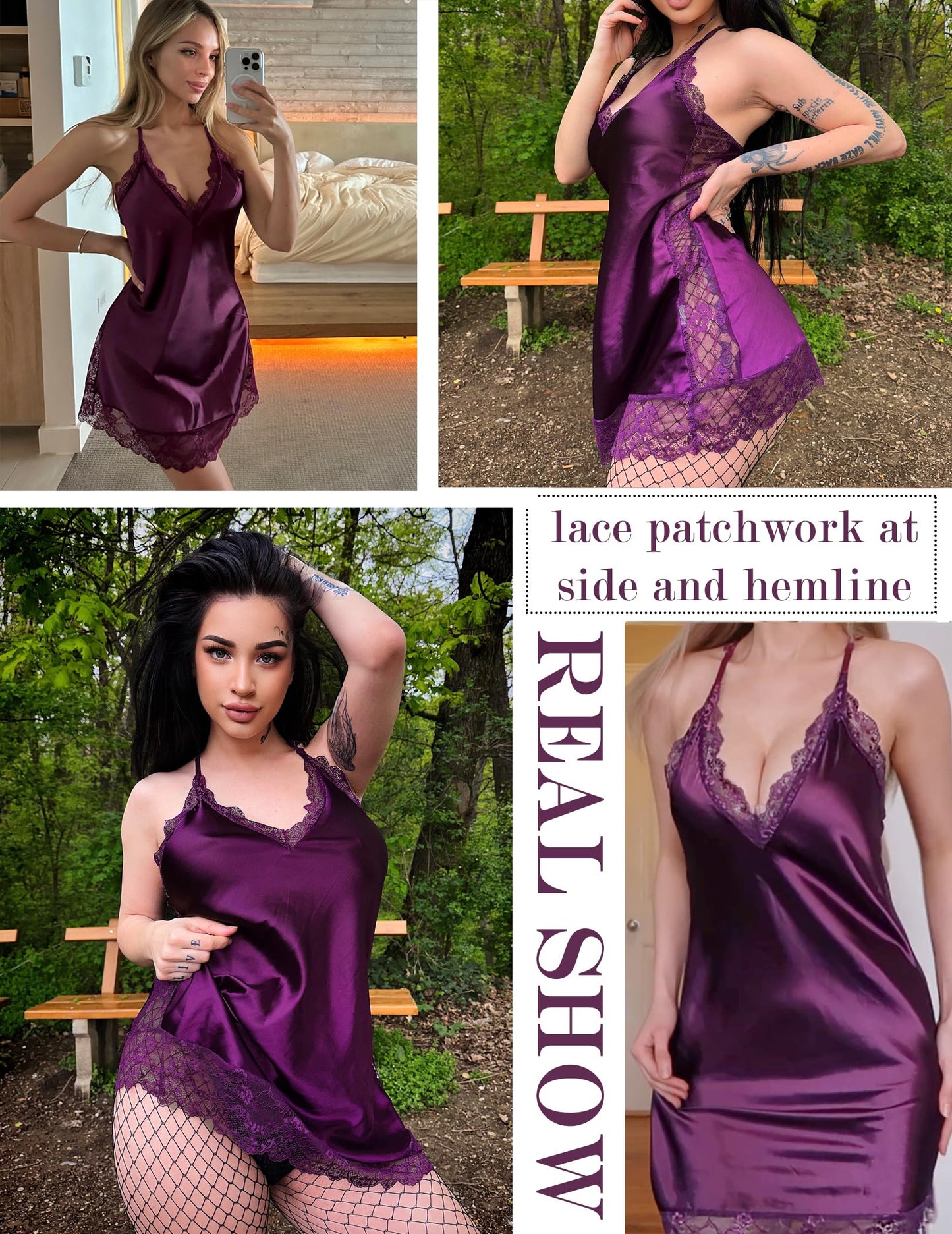 Avidlove Women Lingerie Satin Lace Chemise Nightgown Sexy Full Slips Sleepwear (Large, Dark Purple)
