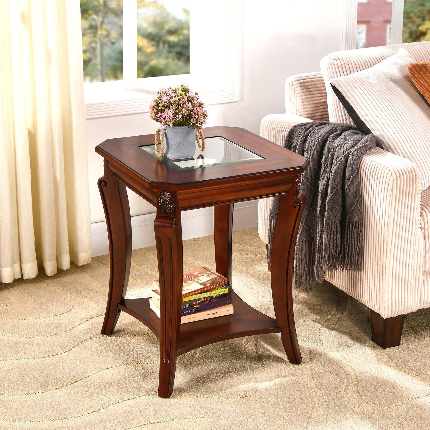 Living Room Tables Set of 3- One Coffee Table and Two End Table with Tempered Glass Top, Mid-Century Sofa Beside Table and Center Table with Carved Legs, Easy Assembly Cherry Brown KFZ-CJZ-A1168-GT