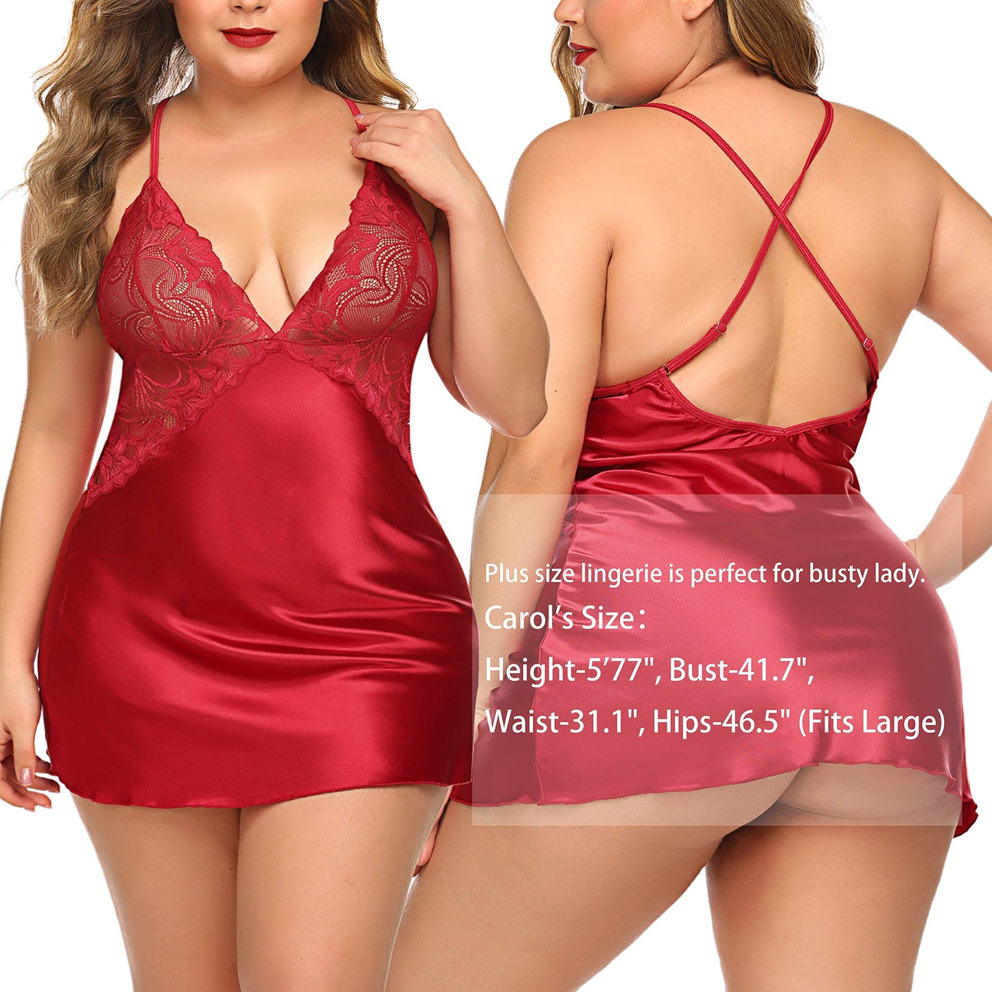 Avidlove Valentine's Day Lingerie for Women Nightgown Sleepwear Satin Pajamas Sexy Babydoll V Neck Teddy Strap Chemise M, Red